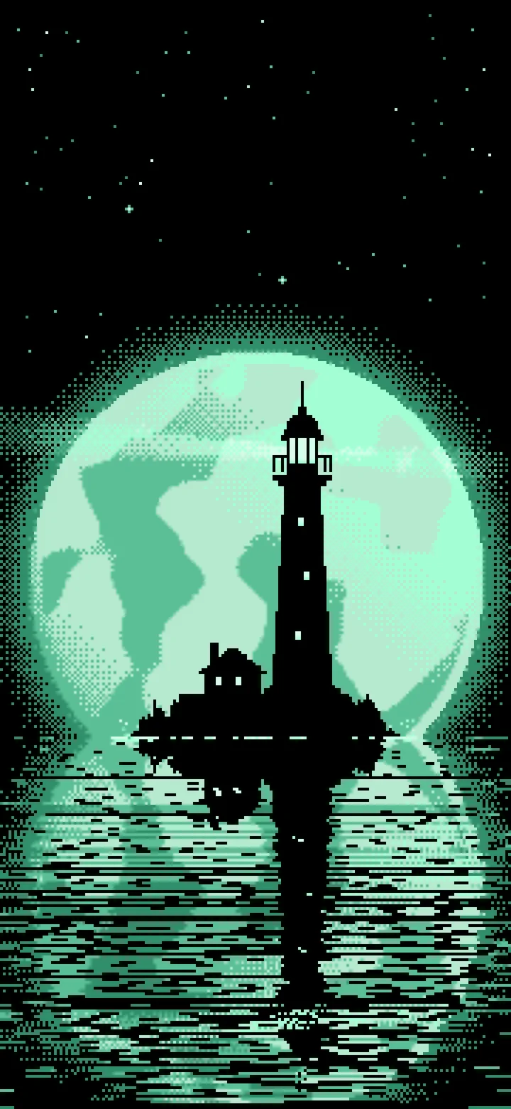 Mint Pixel Art Lighthouse and Full Moon wallpaper for iPhone and Android