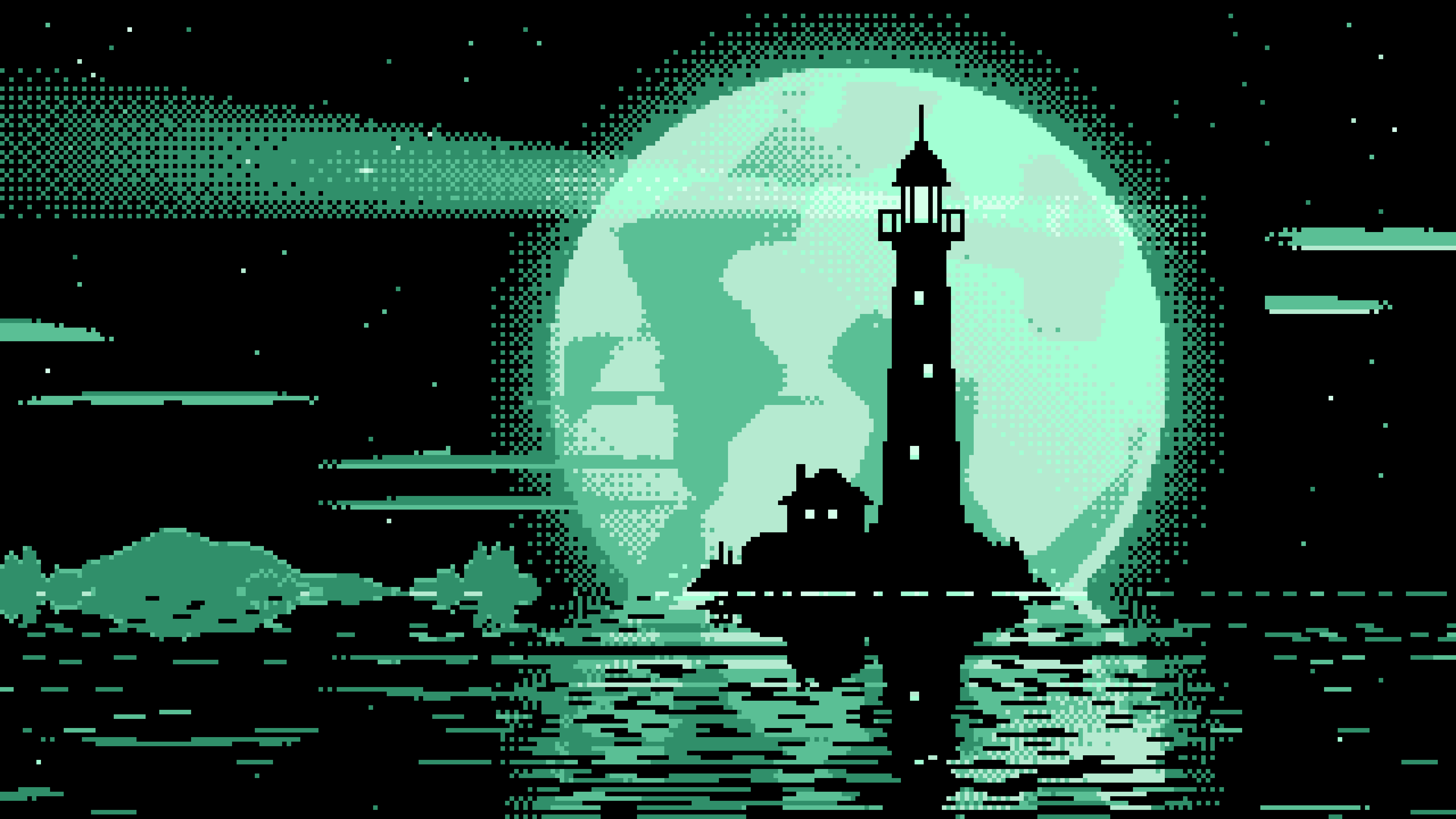 Mint Pixel Art Lighthouse and Full Moon desktop wallpaper in 4K
