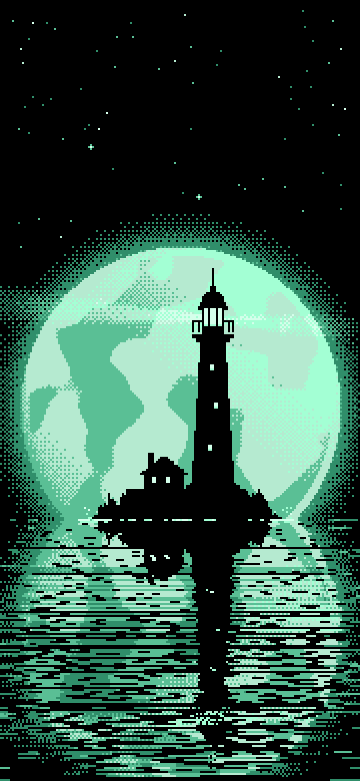 Mint Pixel Art Lighthouse and Full Moon wallpaper for iPhone and Android