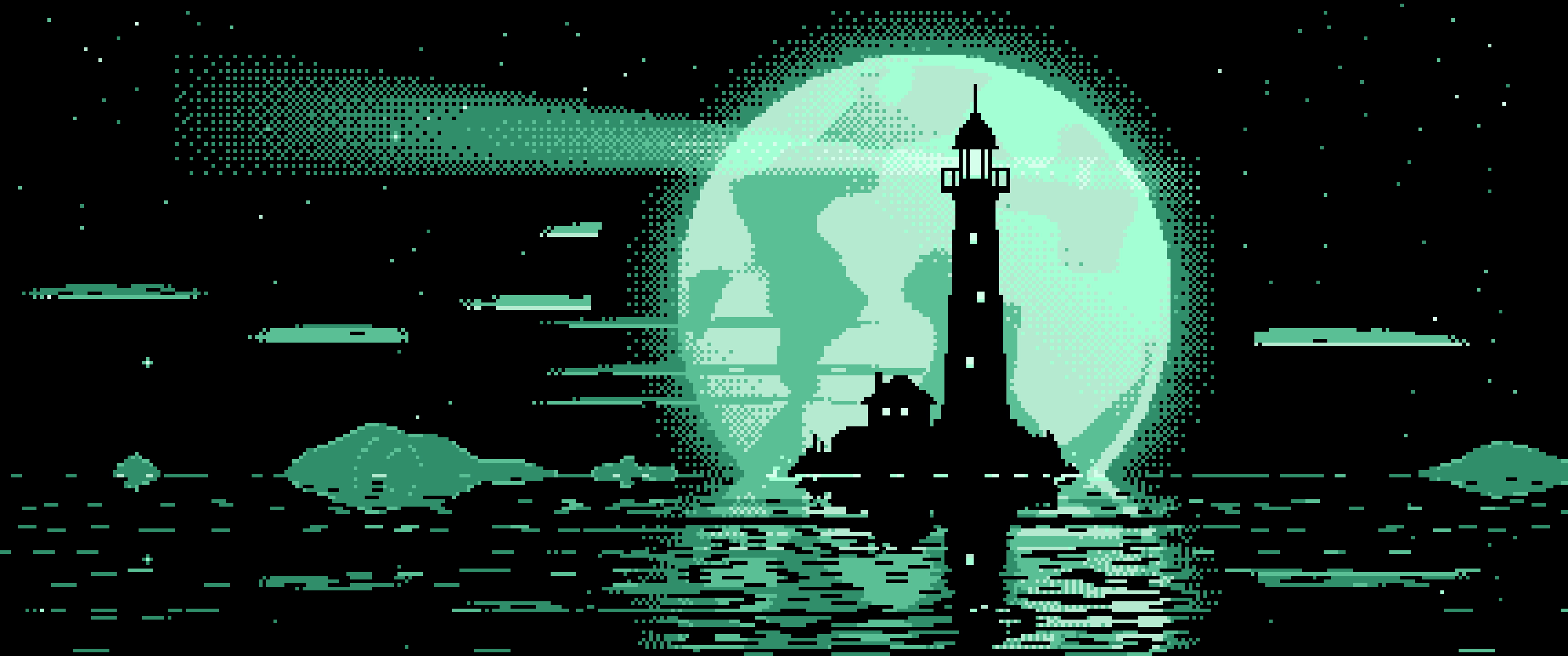 Mint Pixel Art Lighthouse and Full Moon ultrawide wallpaper, 3440 × 1440