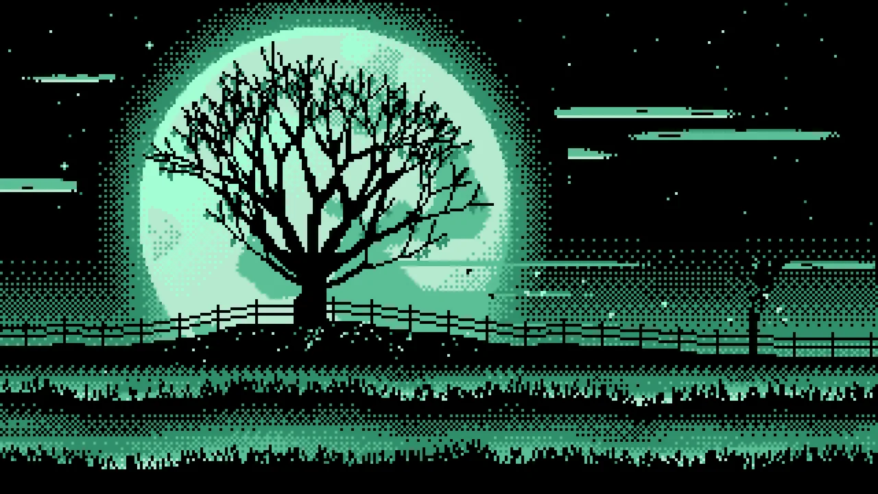 Mint Pixel Art Maple Tree and Harvest Moon desktop wallpaper in 4K