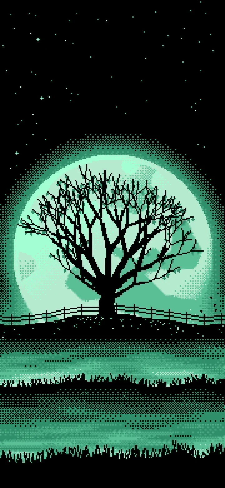 Mint Pixel Art Maple Tree and Harvest Moon wallpaper for iPhone and Android