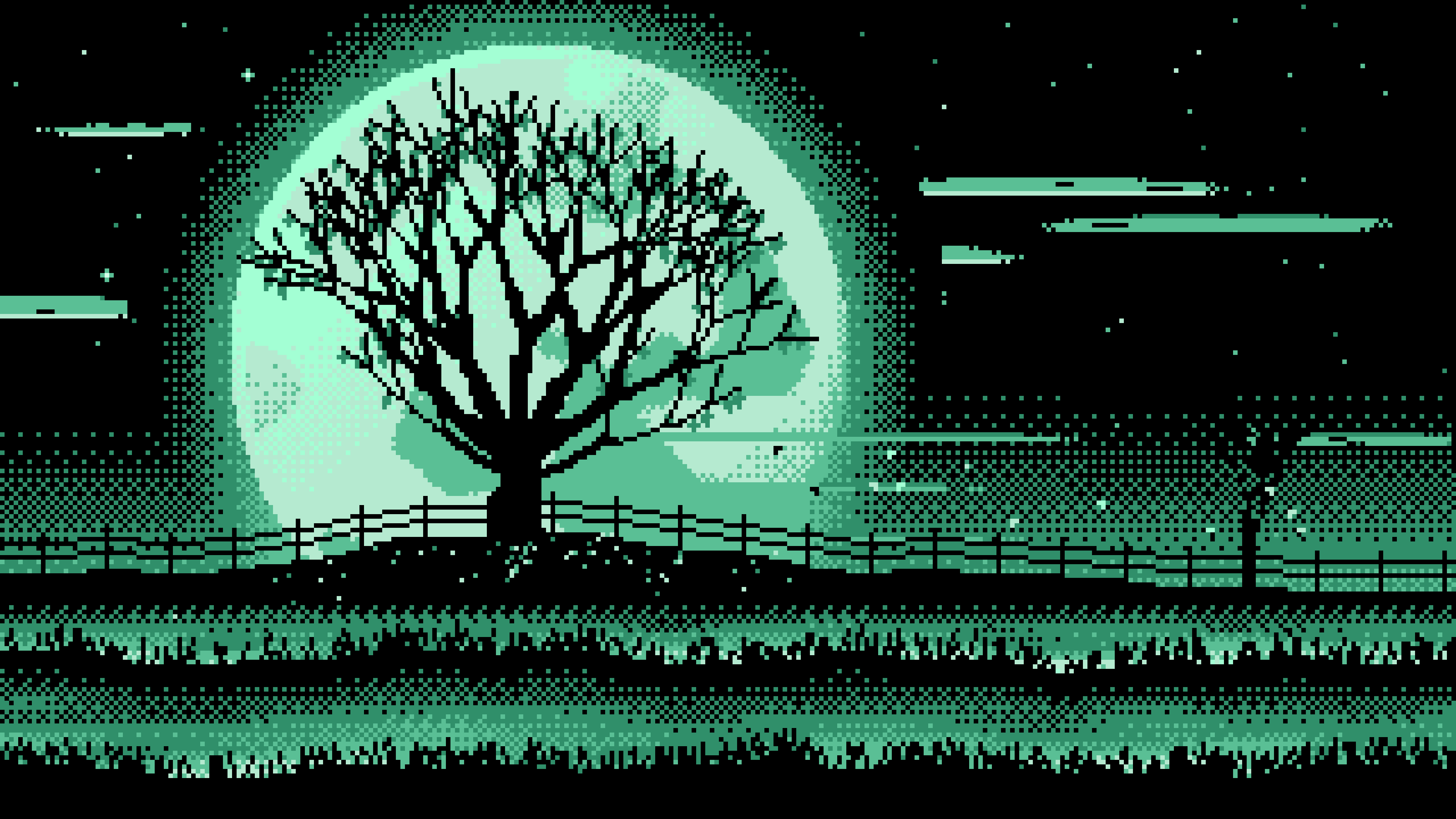 Mint Pixel Art Maple Tree and Harvest Moon desktop wallpaper in 4K
