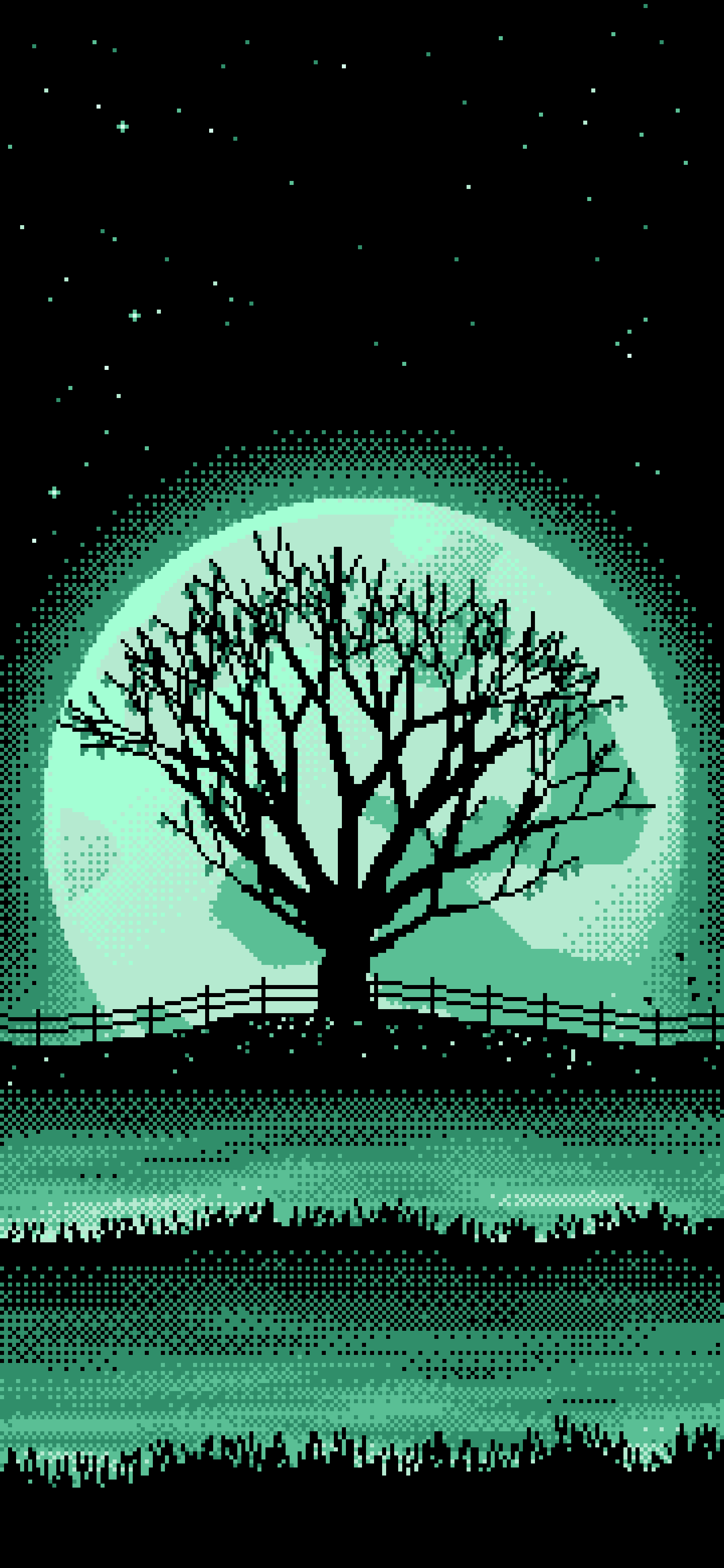 Mint Pixel Art Maple Tree and Harvest Moon wallpaper for iPhone and Android