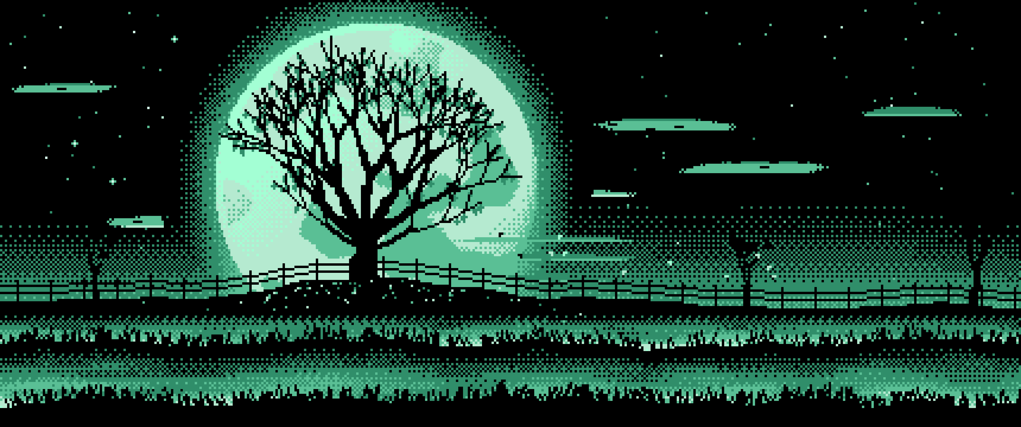 Mint Pixel Art Maple Tree and Harvest Moon ultrawide wallpaper, 3440 × 1440