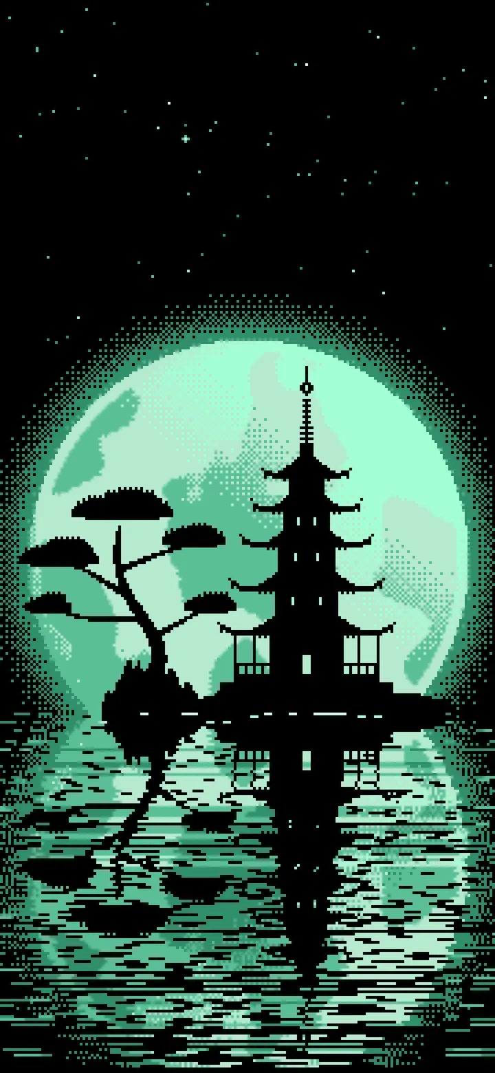 Mint Pixel Art Pagoda and Full Moon wallpaper for iPhone and Android