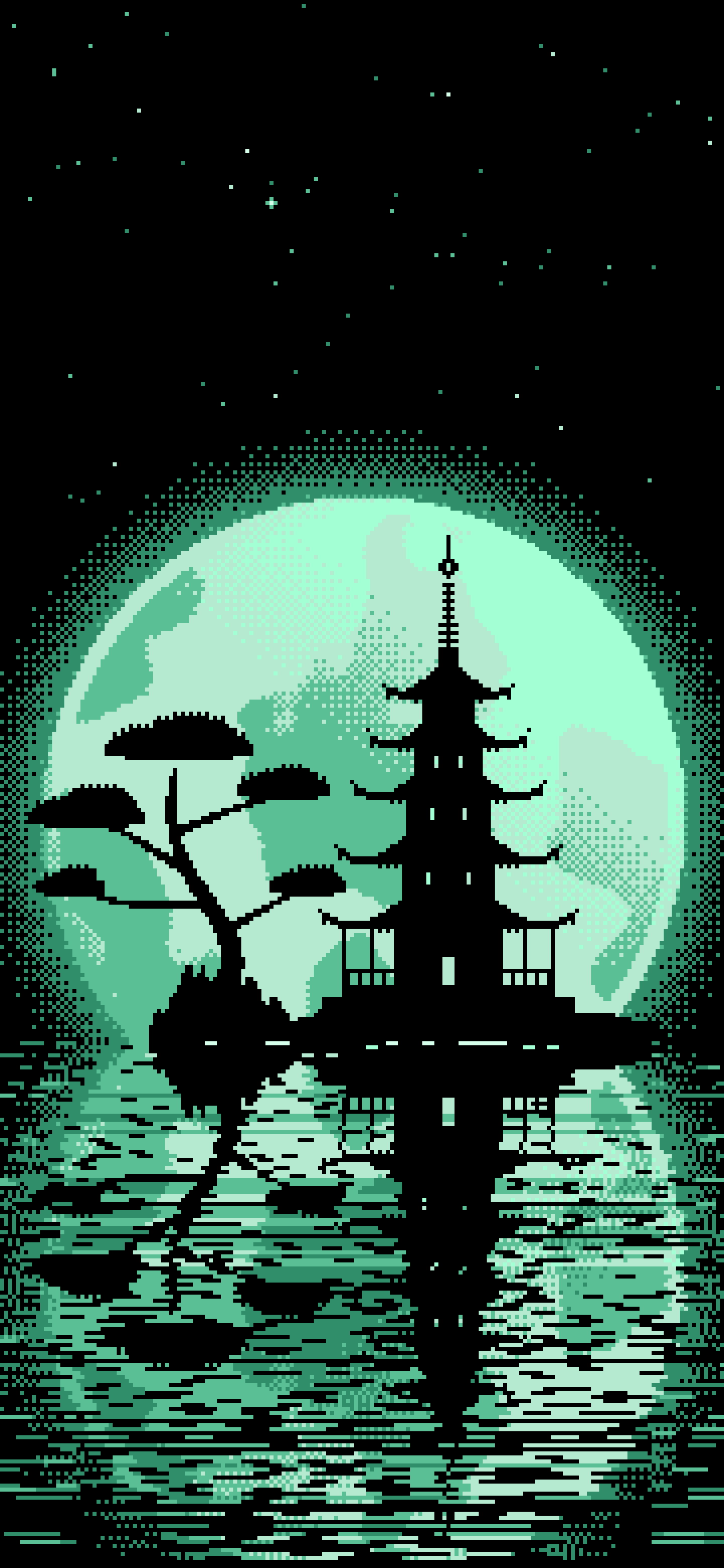 Mint Pixel Art Pagoda and Full Moon wallpaper for iPhone and Android