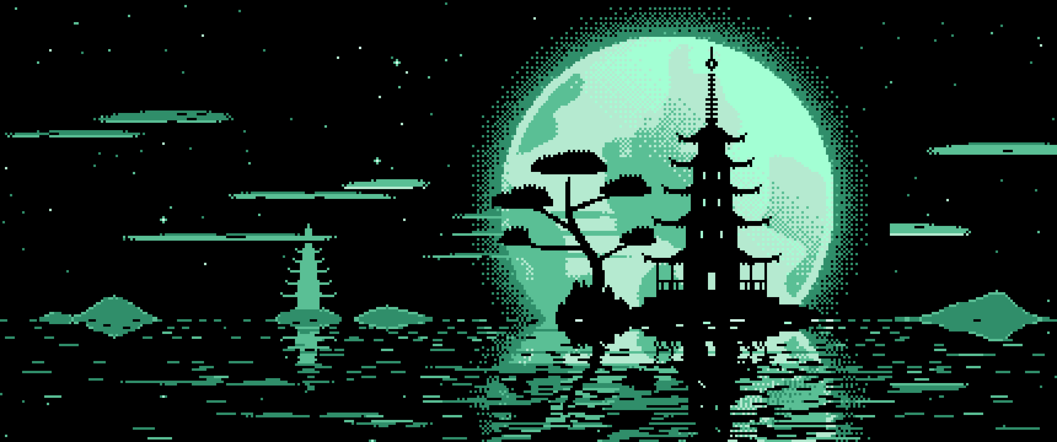 Mint Pixel Art Pagoda and Full Moon ultrawide wallpaper, 3440 × 1440