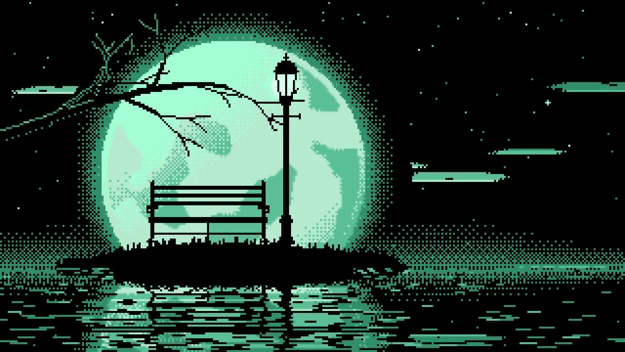 Mint Pixel Art Park Bench and Full Moon desktop wallpaper in 4K