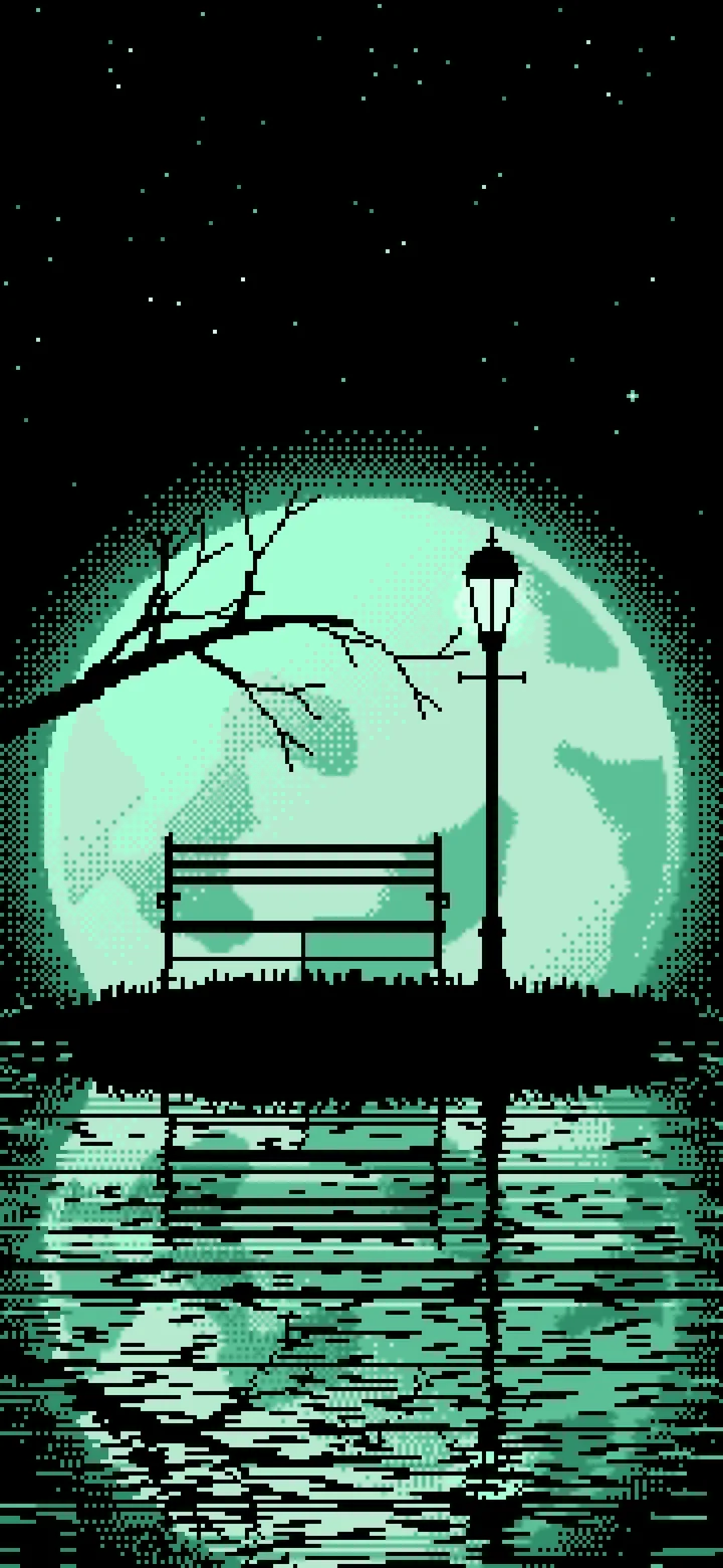 Mint Pixel Art Park Bench and Full Moon wallpaper for iPhone and Android