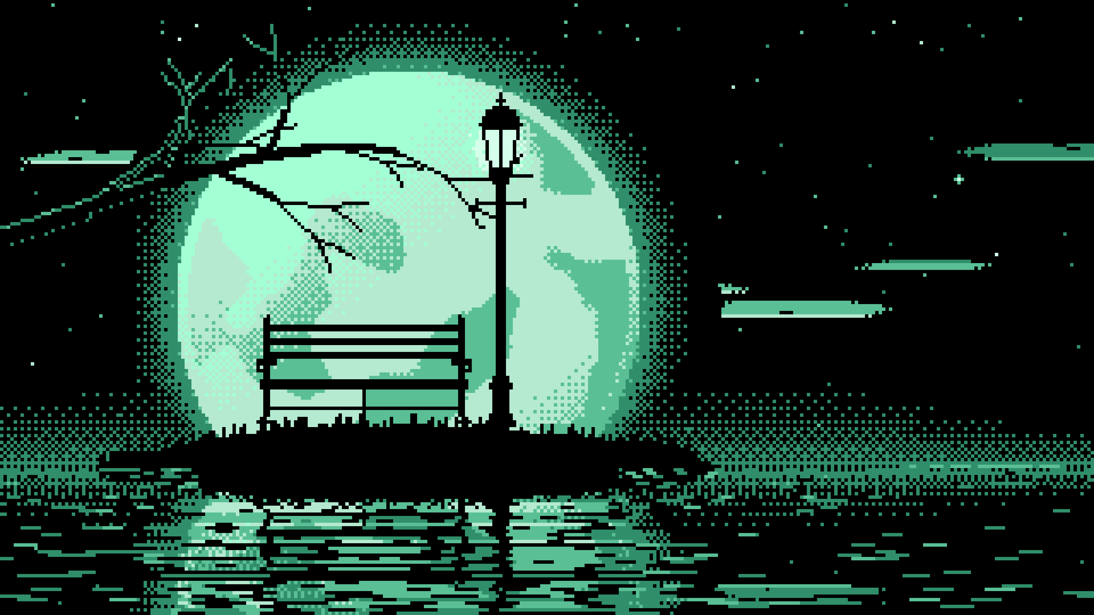 Mint Pixel Art Park Bench and Full Moon desktop wallpaper in 4K