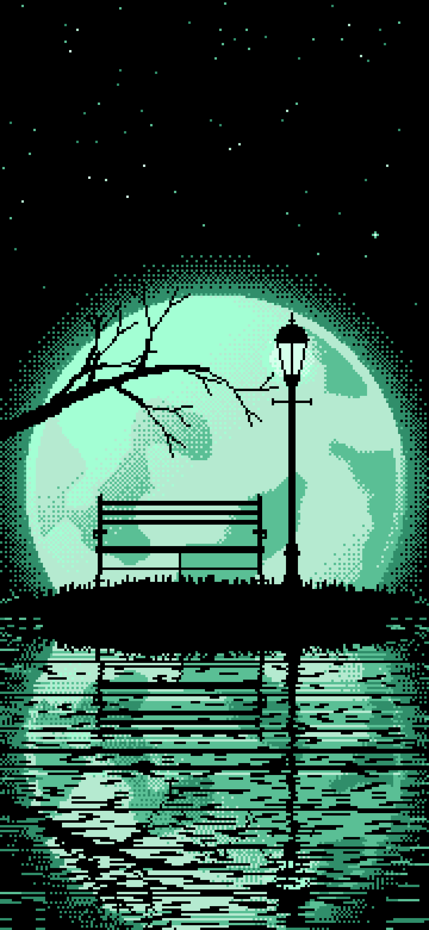 Mint Pixel Art Park Bench and Full Moon wallpaper for iPhone and Android