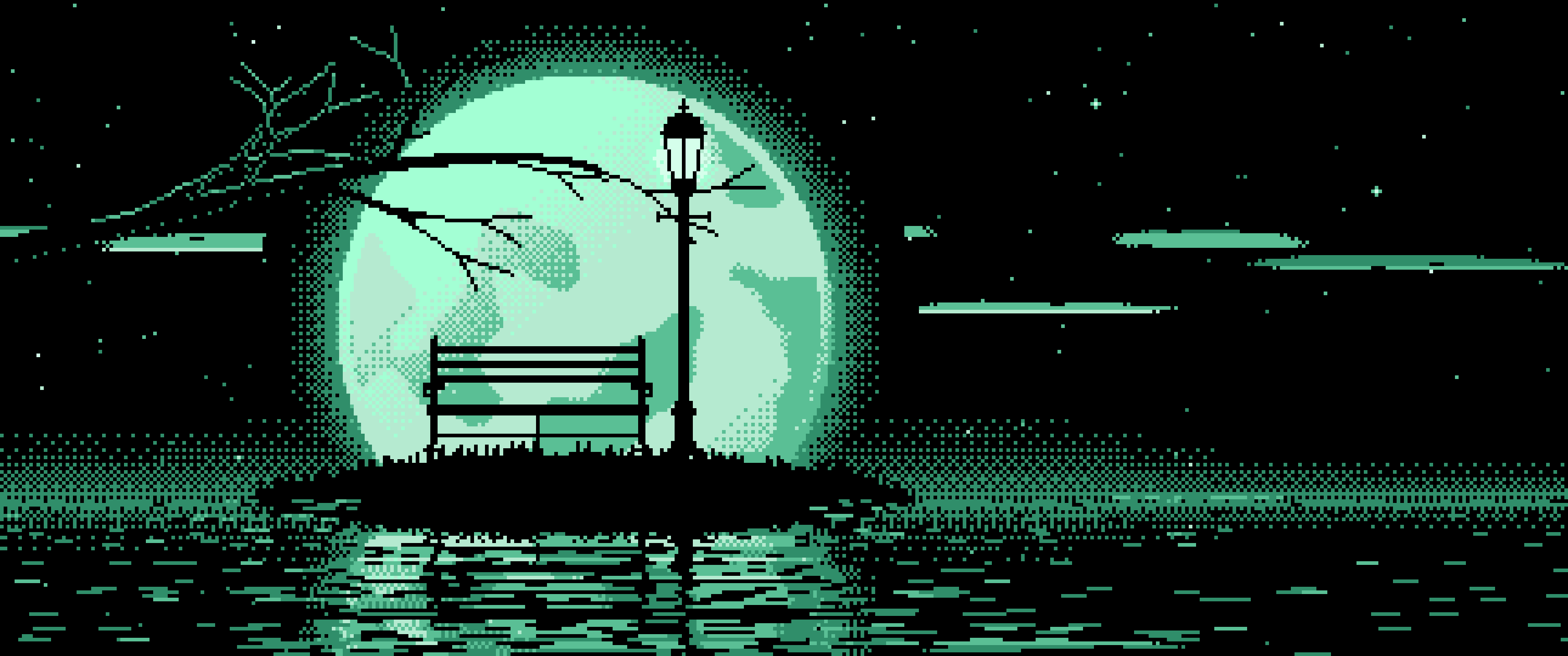 Mint Pixel Art Park Bench and Full Moon ultrawide wallpaper, 3440 × 1440