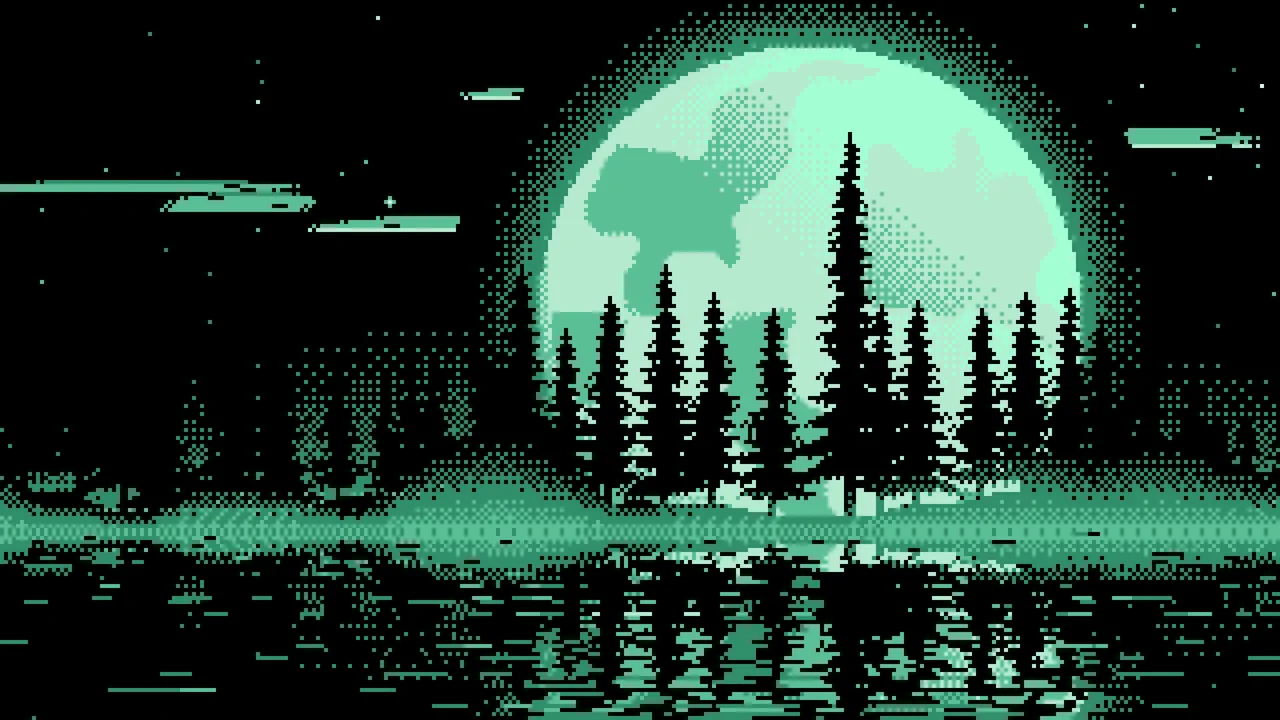 Mint Pixel Art Pine Trees and Full Moon desktop wallpaper in 4K