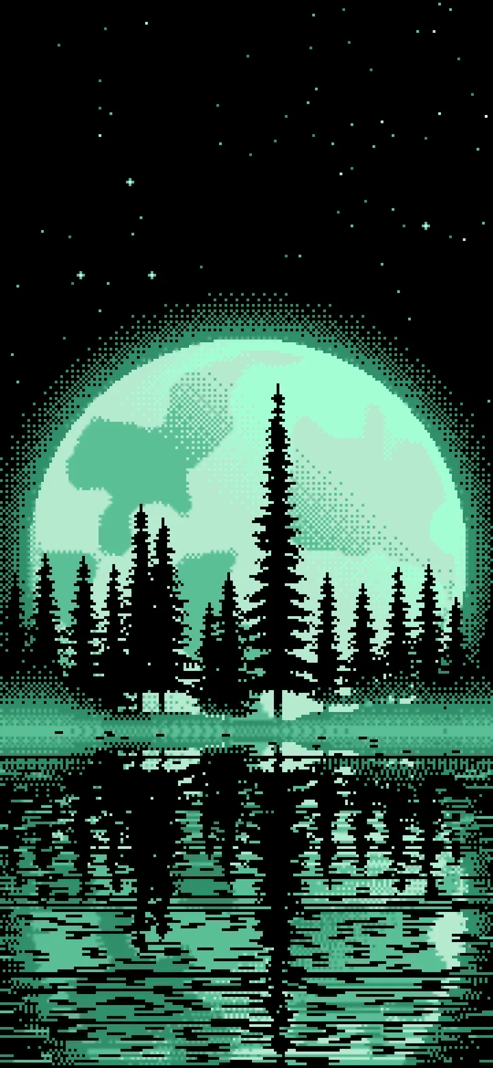 Mint Pixel Art Pine Trees and Full Moon wallpaper for iPhone and Android