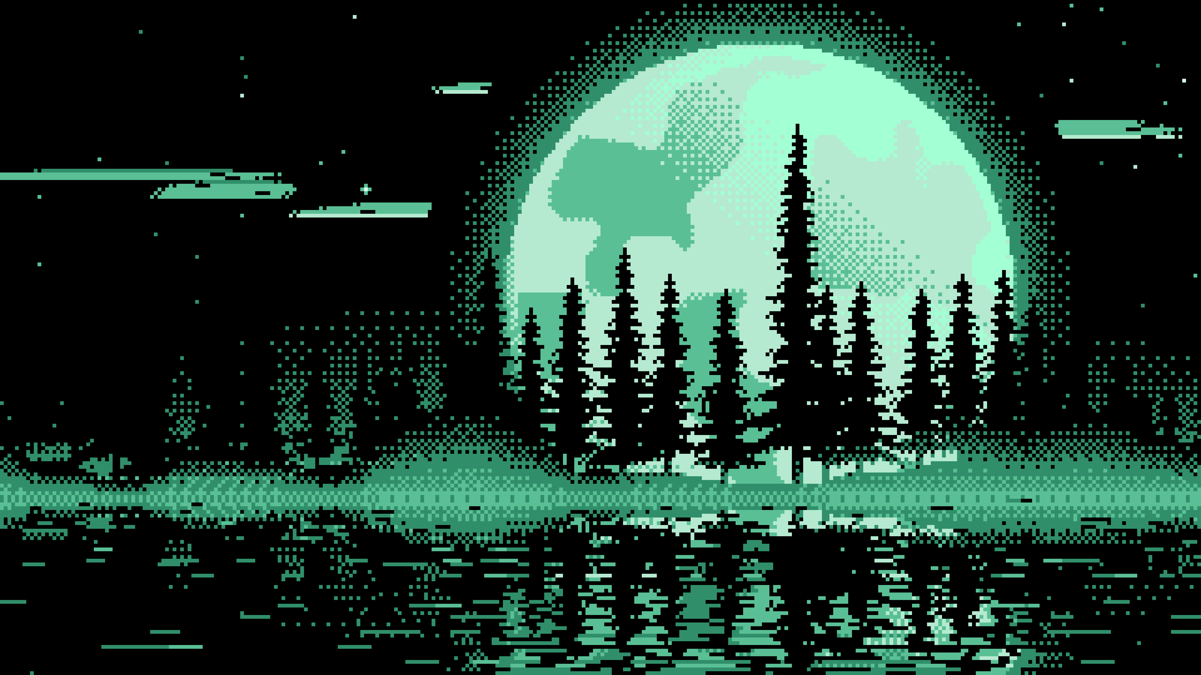 Mint Pixel Art Pine Trees and Full Moon desktop wallpaper in 4K