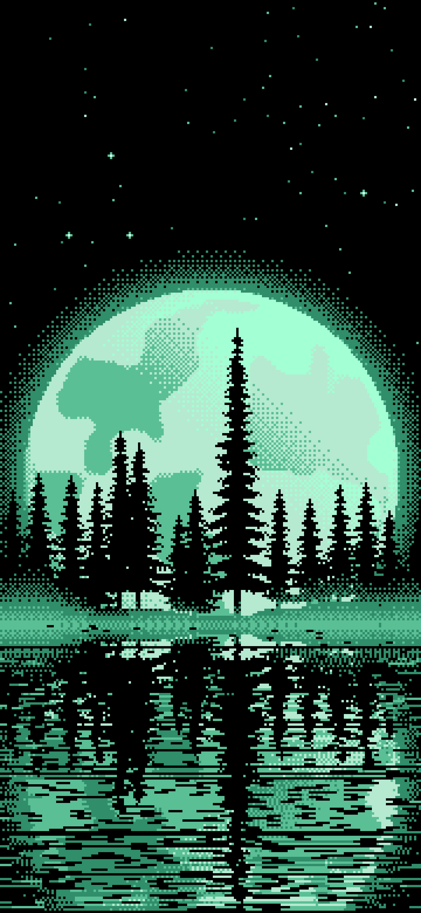 Mint Pixel Art Pine Trees and Full Moon wallpaper for iPhone and Android