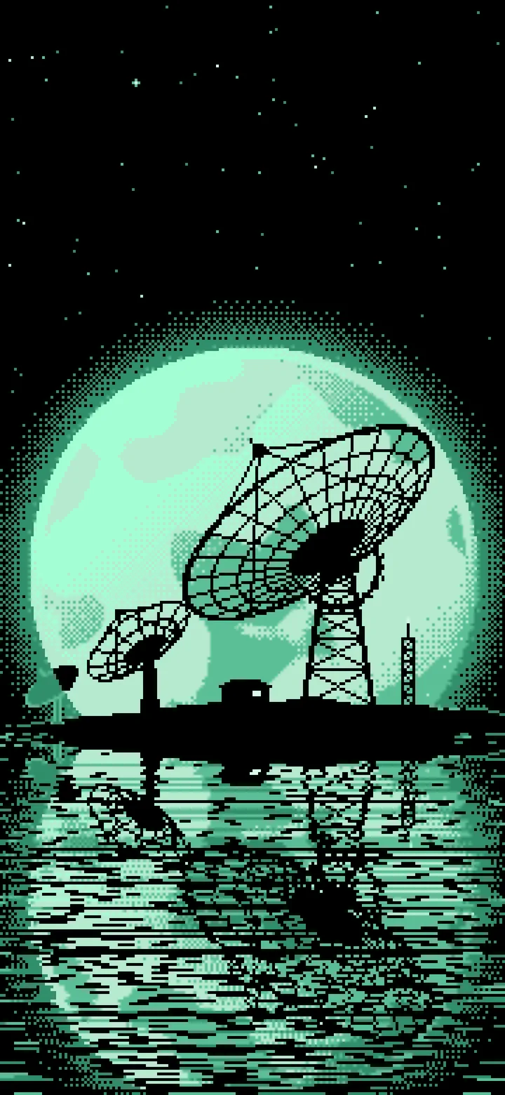 Mint Pixel Art Radio Telescope and Full Moon wallpaper for iPhone and Android