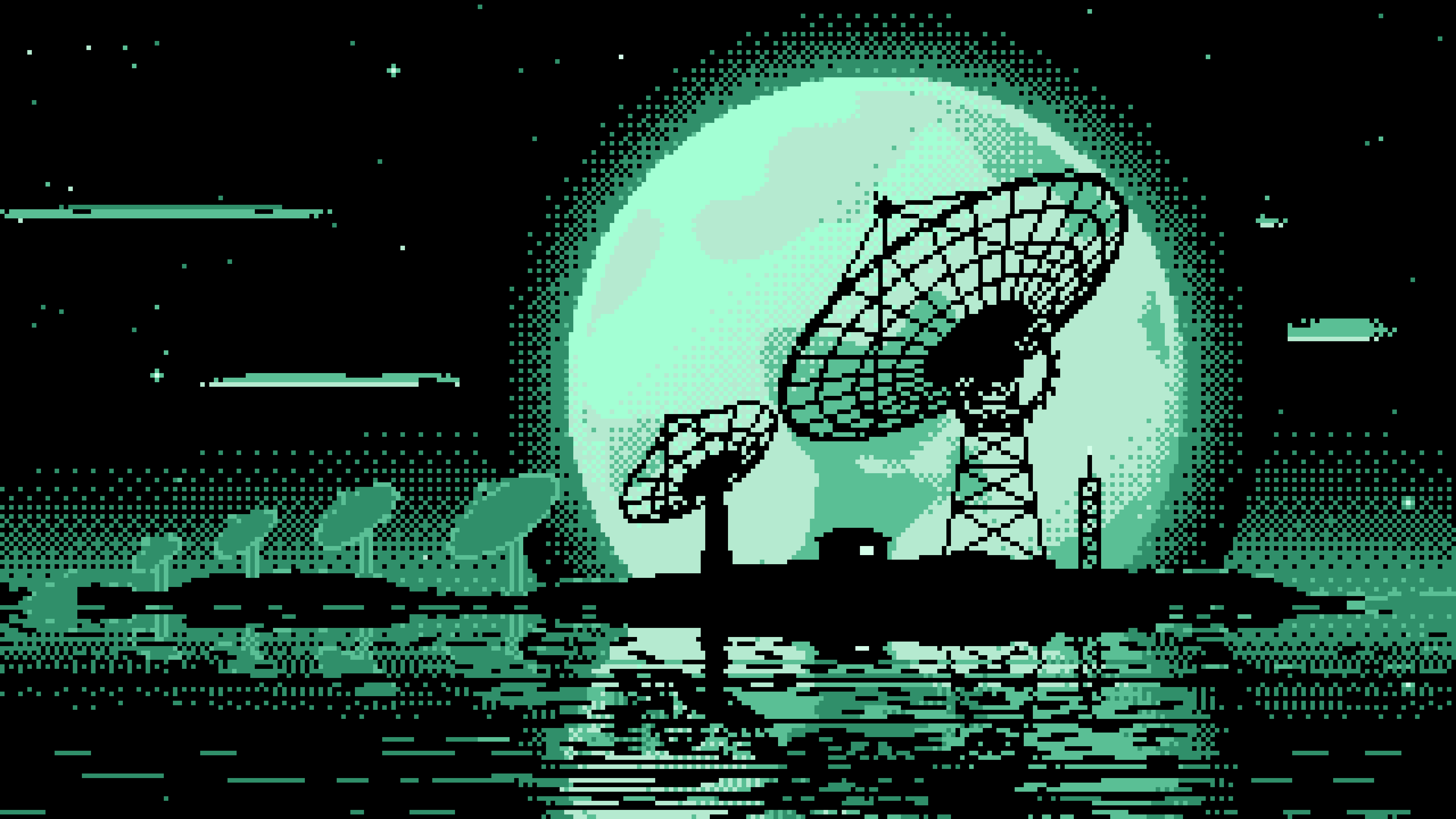 Mint Pixel Art Radio Telescope and Full Moon desktop wallpaper in 4K