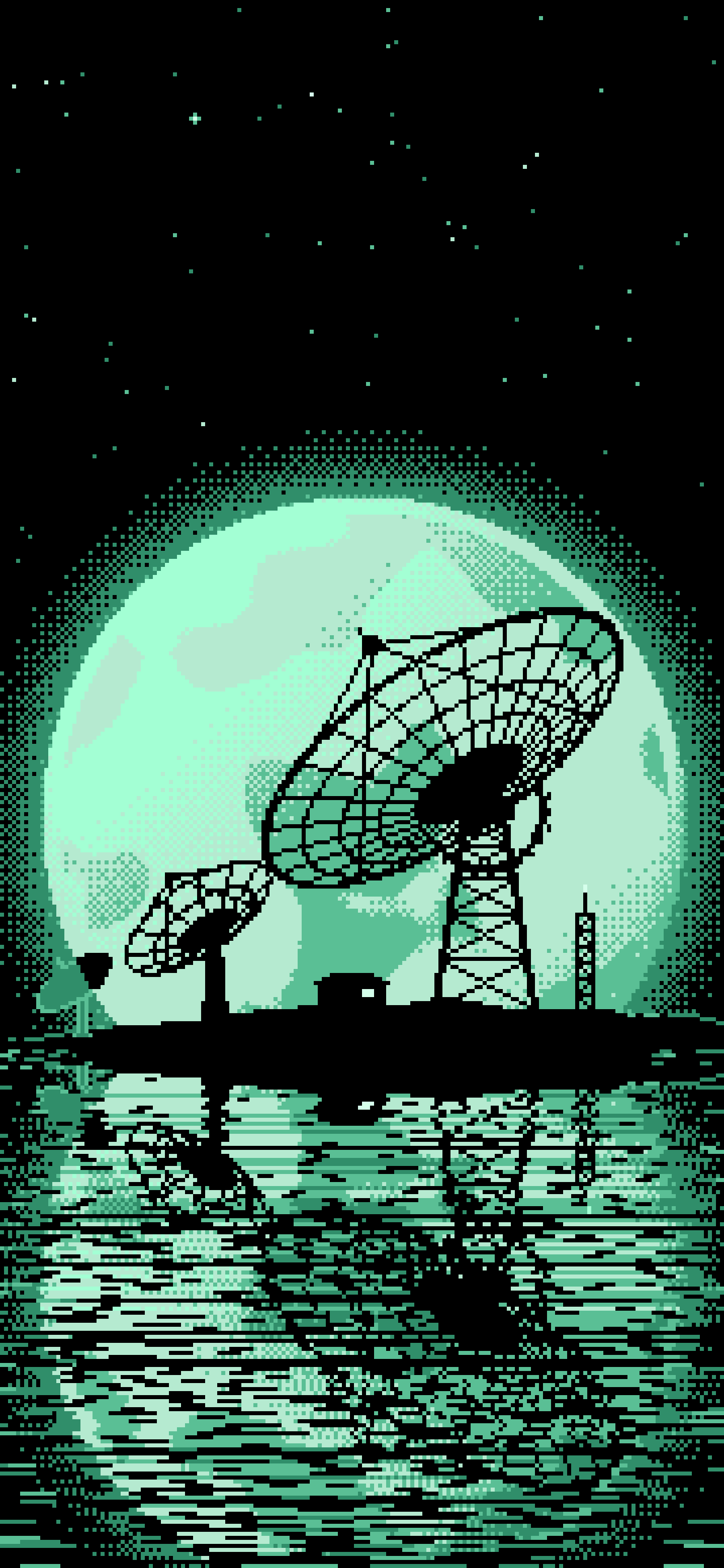 Mint Pixel Art Radio Telescope and Full Moon wallpaper for iPhone and Android