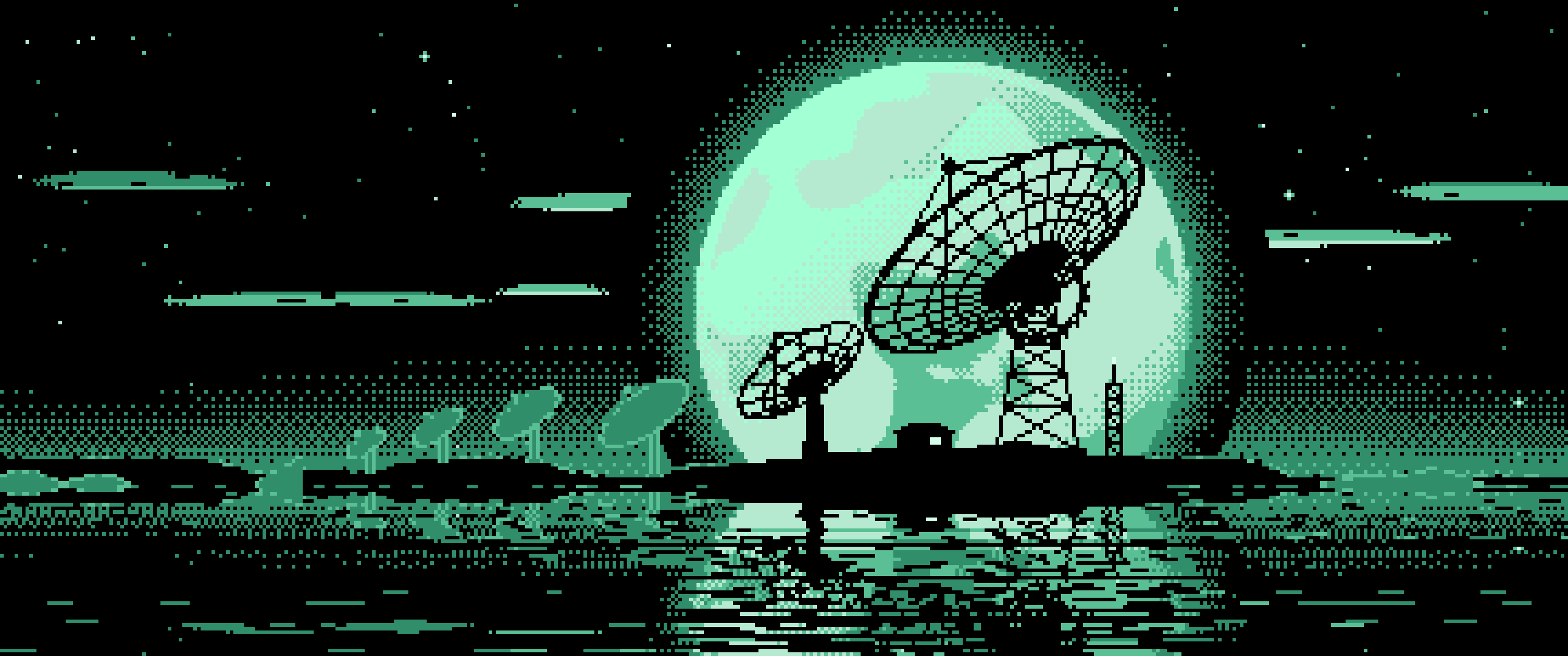 Mint Pixel Art Radio Telescope and Full Moon ultrawide wallpaper, 3440 × 1440