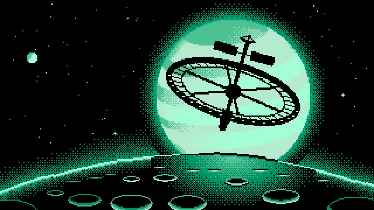 Mint Pixel Art Ring Space Station and Planet desktop wallpaper in 4K