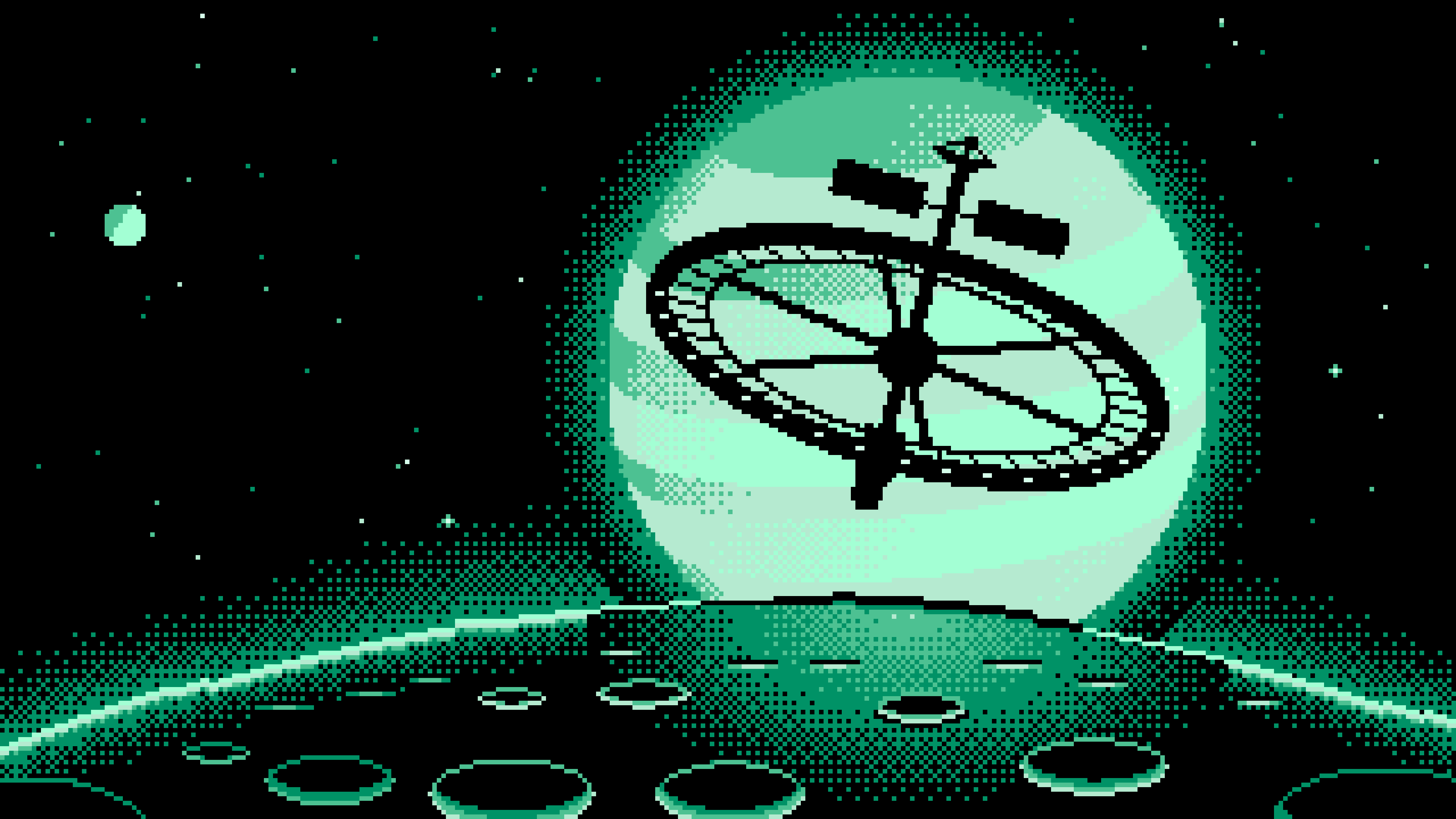 Mint Pixel Art Ring Space Station and Planet desktop wallpaper in 4K