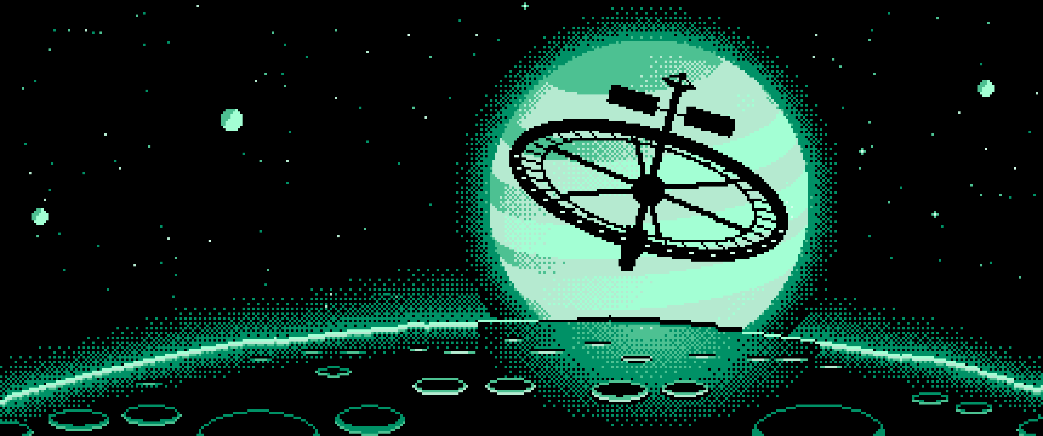Mint Pixel Art Ring Space Station and Planet ultrawide wallpaper, 3440 × 1440