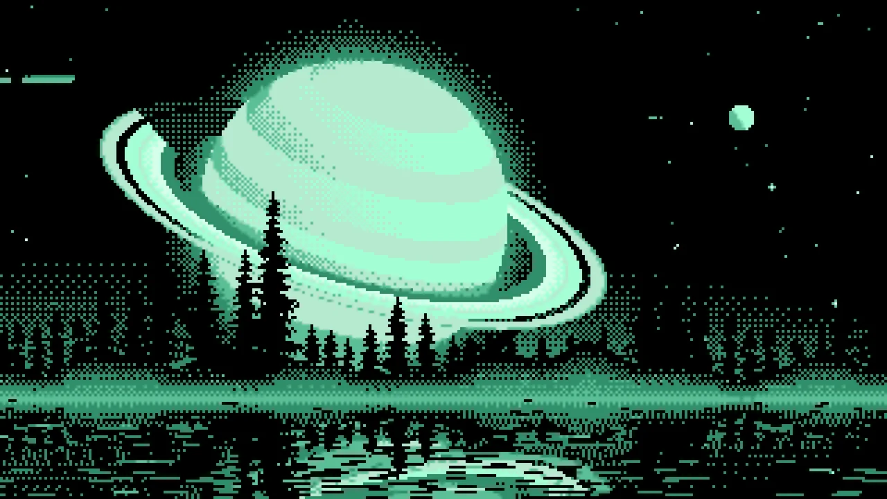 Mint Pixel Art Ringed Planet and Pine Trees desktop wallpaper in 4K