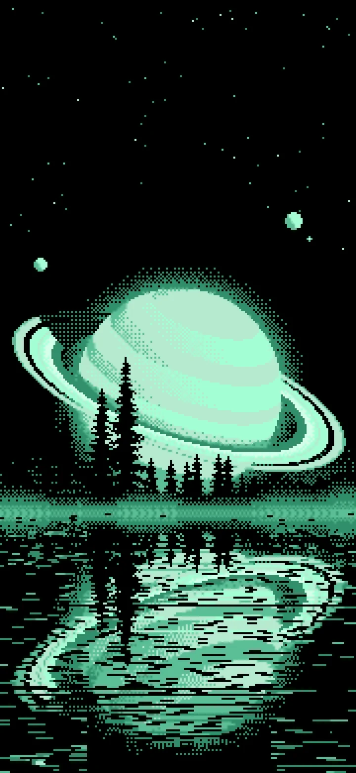 Mint Pixel Art Ringed Planet and Pine Trees wallpaper for iPhone and Android