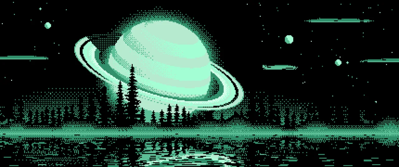 Mint Pixel Art Ringed Planet and Pine Trees ultrawide wallpaper, 3440 × 1440