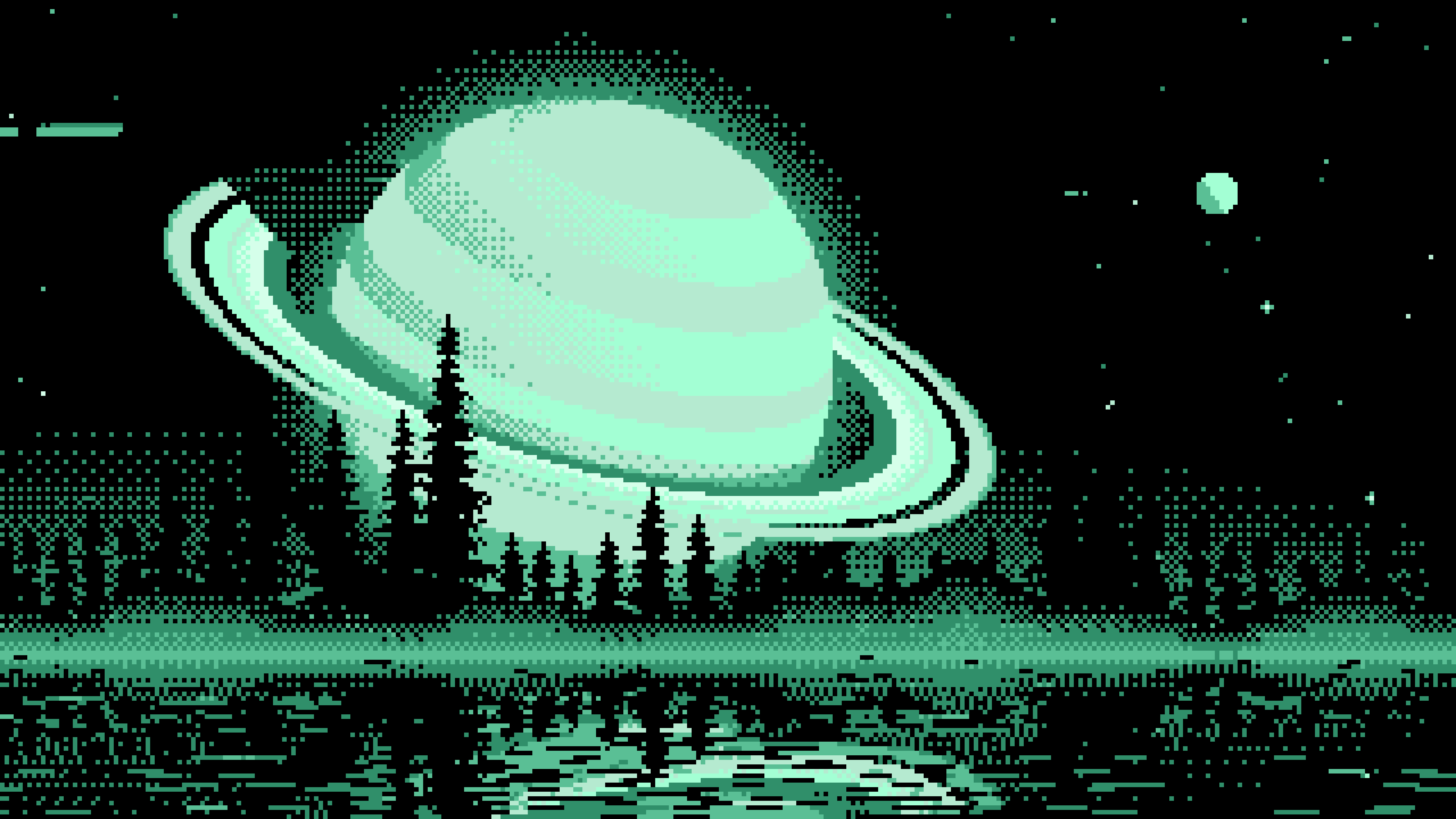Mint Pixel Art Ringed Planet and Pine Trees desktop wallpaper in 4K