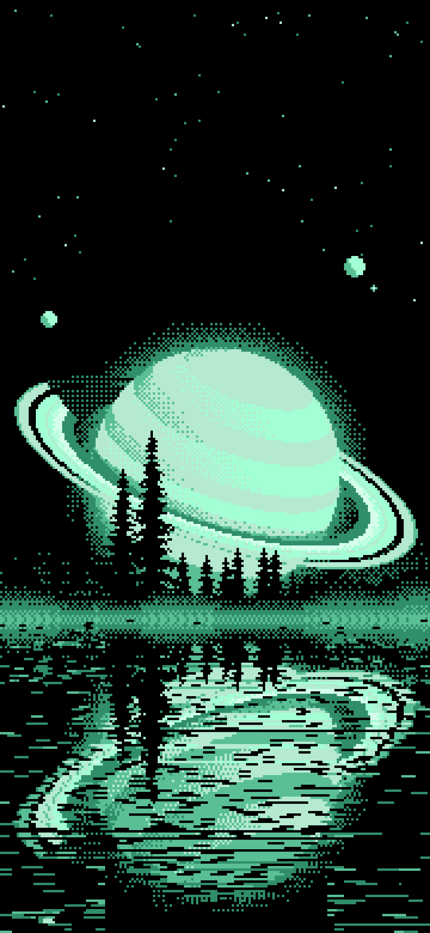 Mint Pixel Art Ringed Planet and Pine Trees wallpaper for iPhone and Android