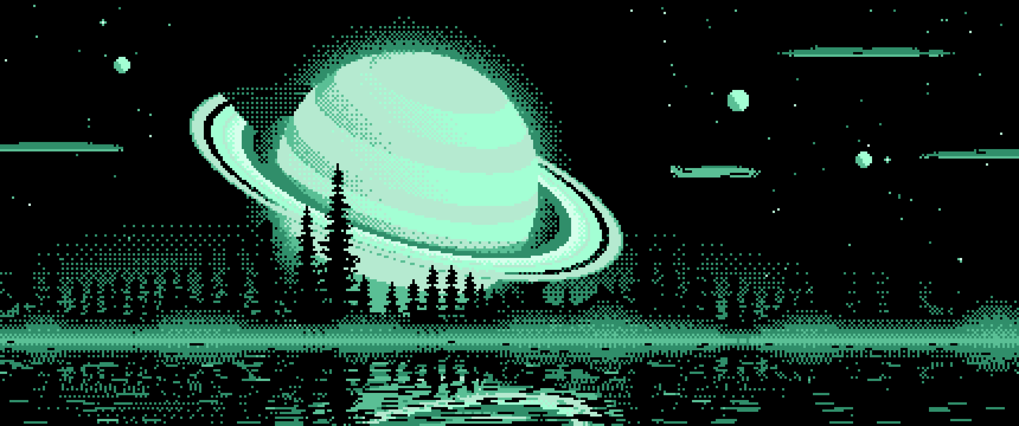 Mint Pixel Art Ringed Planet and Pine Trees ultrawide wallpaper, 3440 × 1440