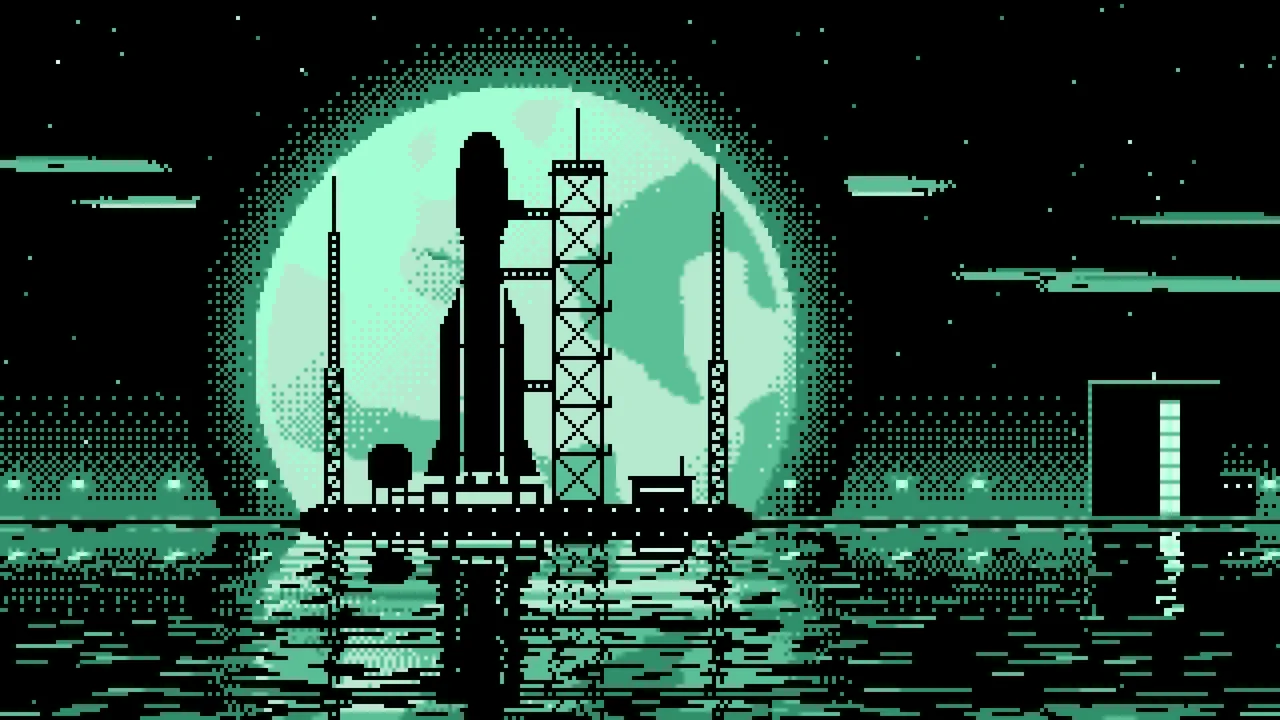 Mint Pixel Art Rocket and Full Moon desktop wallpaper in 4K