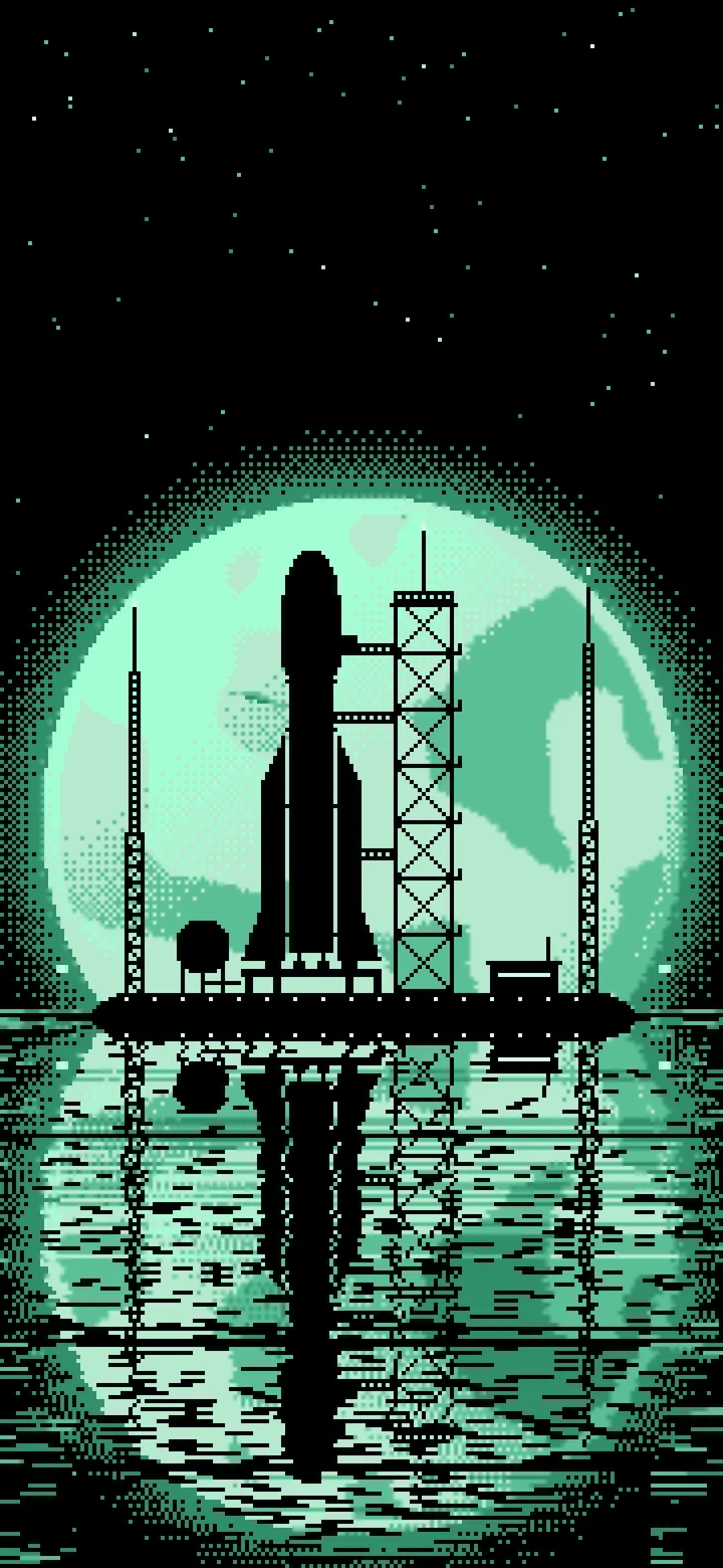 Mint Pixel Art Rocket and Full Moon wallpaper for iPhone and Android