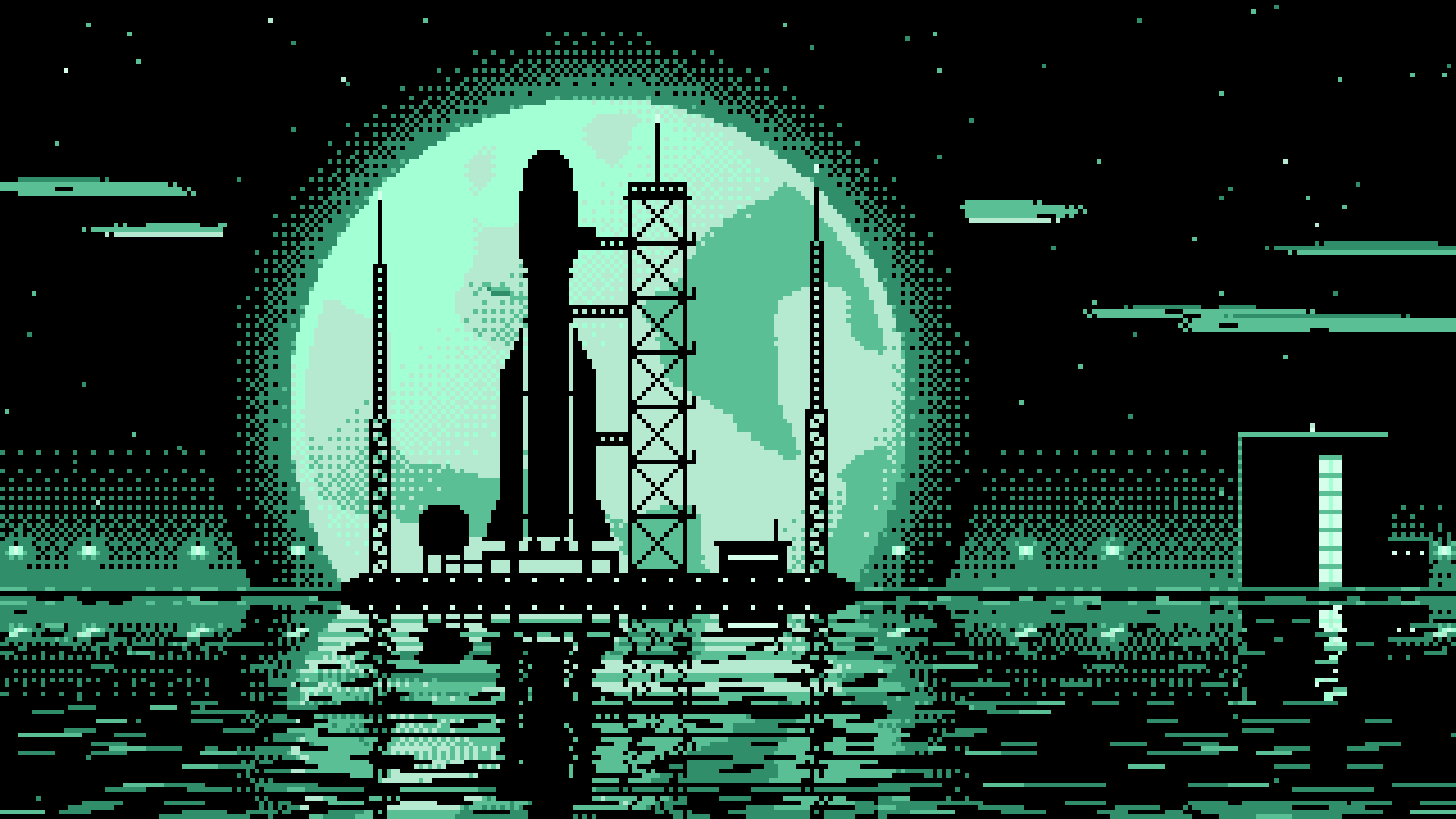 Mint Pixel Art Rocket and Full Moon desktop wallpaper in 4K