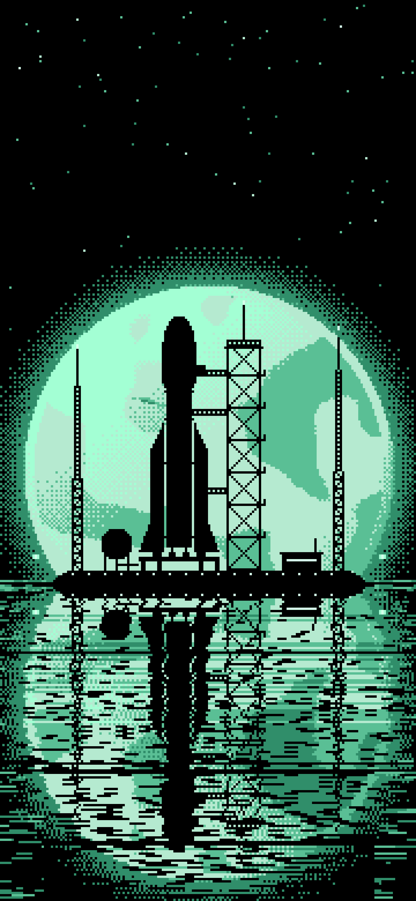 Mint Pixel Art Rocket and Full Moon wallpaper for iPhone and Android