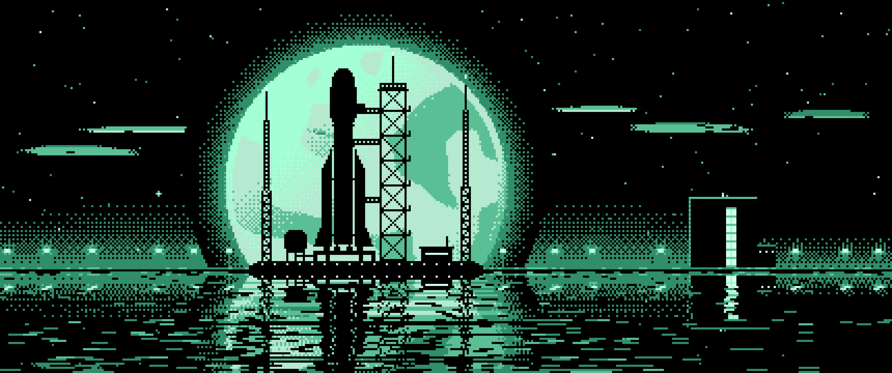 Mint Pixel Art Rocket and Full Moon ultrawide wallpaper, 3440 × 1440
