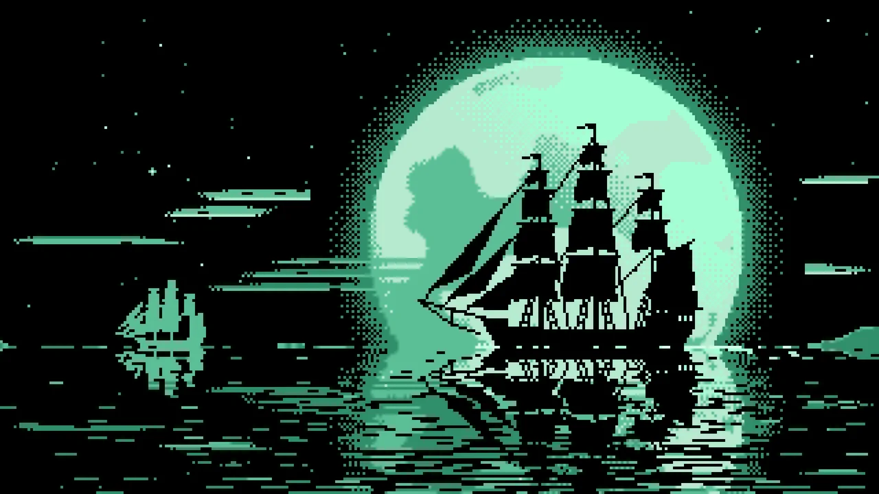 Mint Pixel Art Sailing Ship and Full Moon desktop wallpaper in 4K
