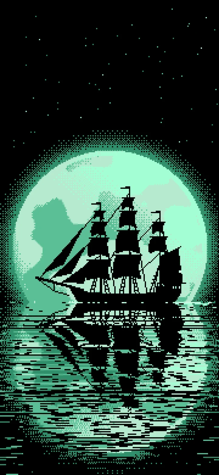 Mint Pixel Art Sailing Ship and Full Moon wallpaper for iPhone and Android