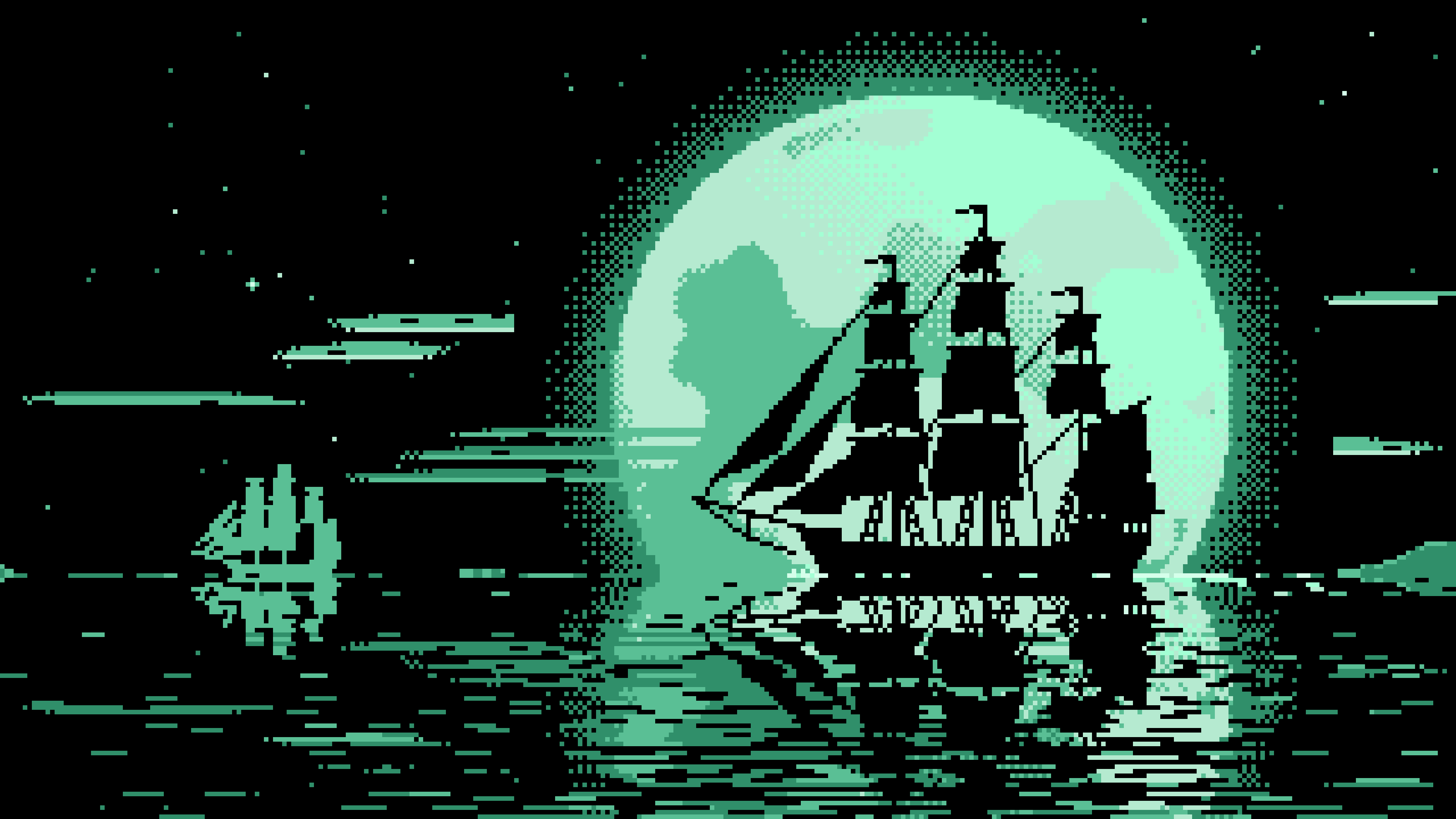 Mint Pixel Art Sailing Ship and Full Moon desktop wallpaper in 4K