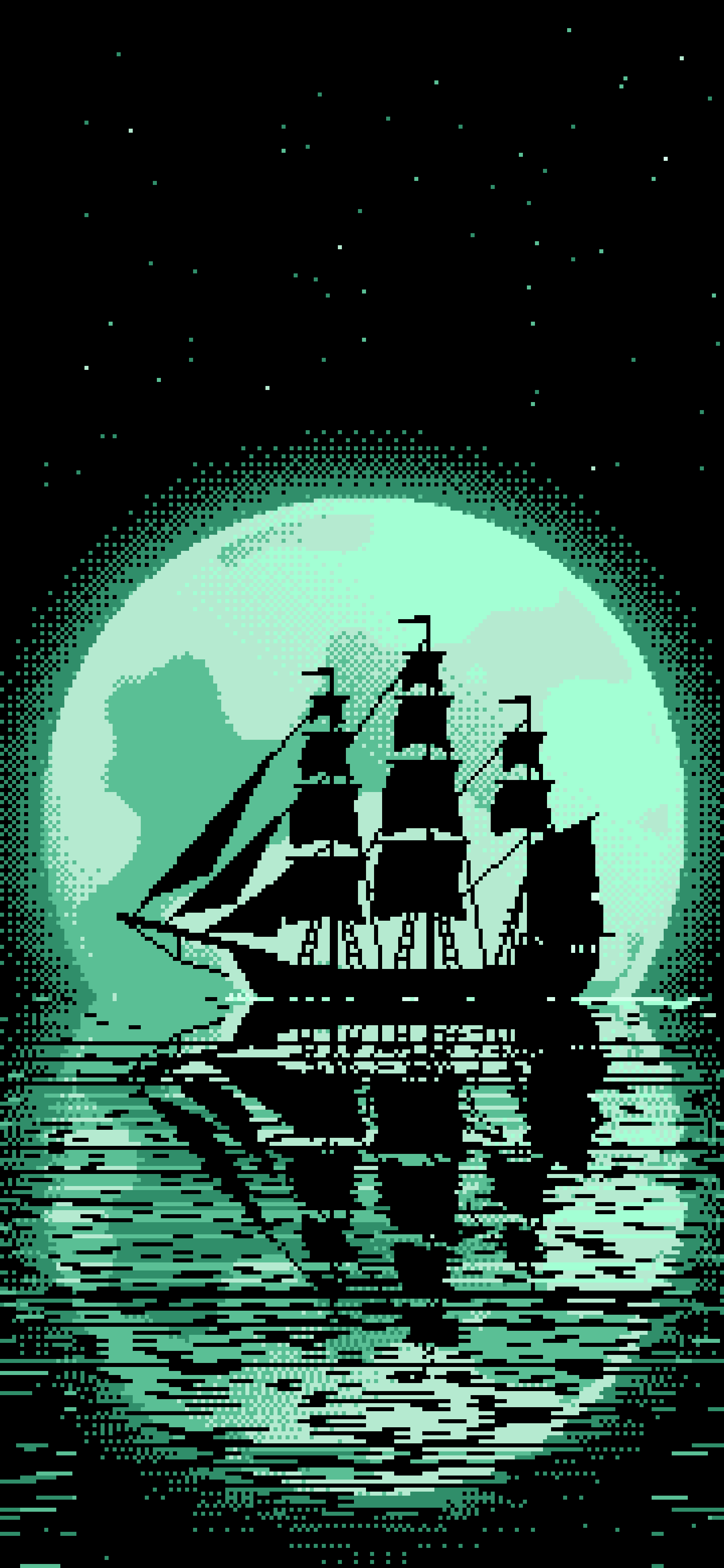 Mint Pixel Art Sailing Ship and Full Moon wallpaper for iPhone and Android