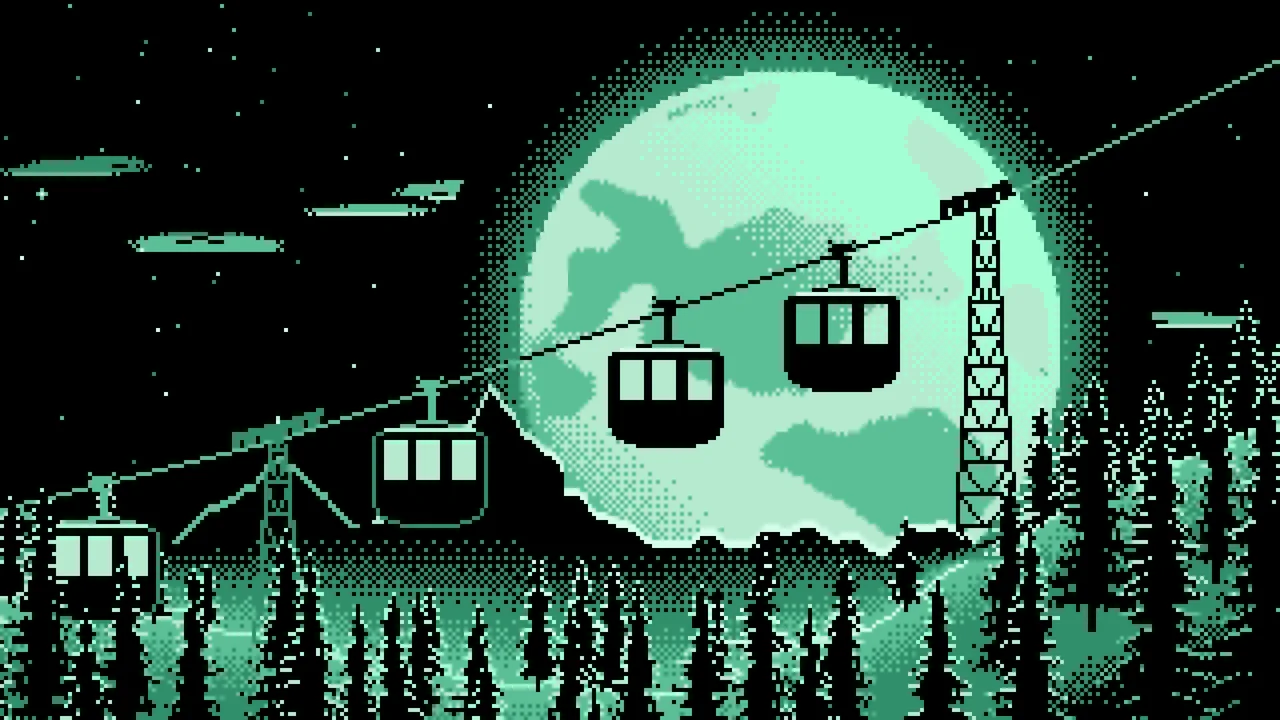 Mint Pixel Art Ski Gondola and Full Moon desktop wallpaper in 4K