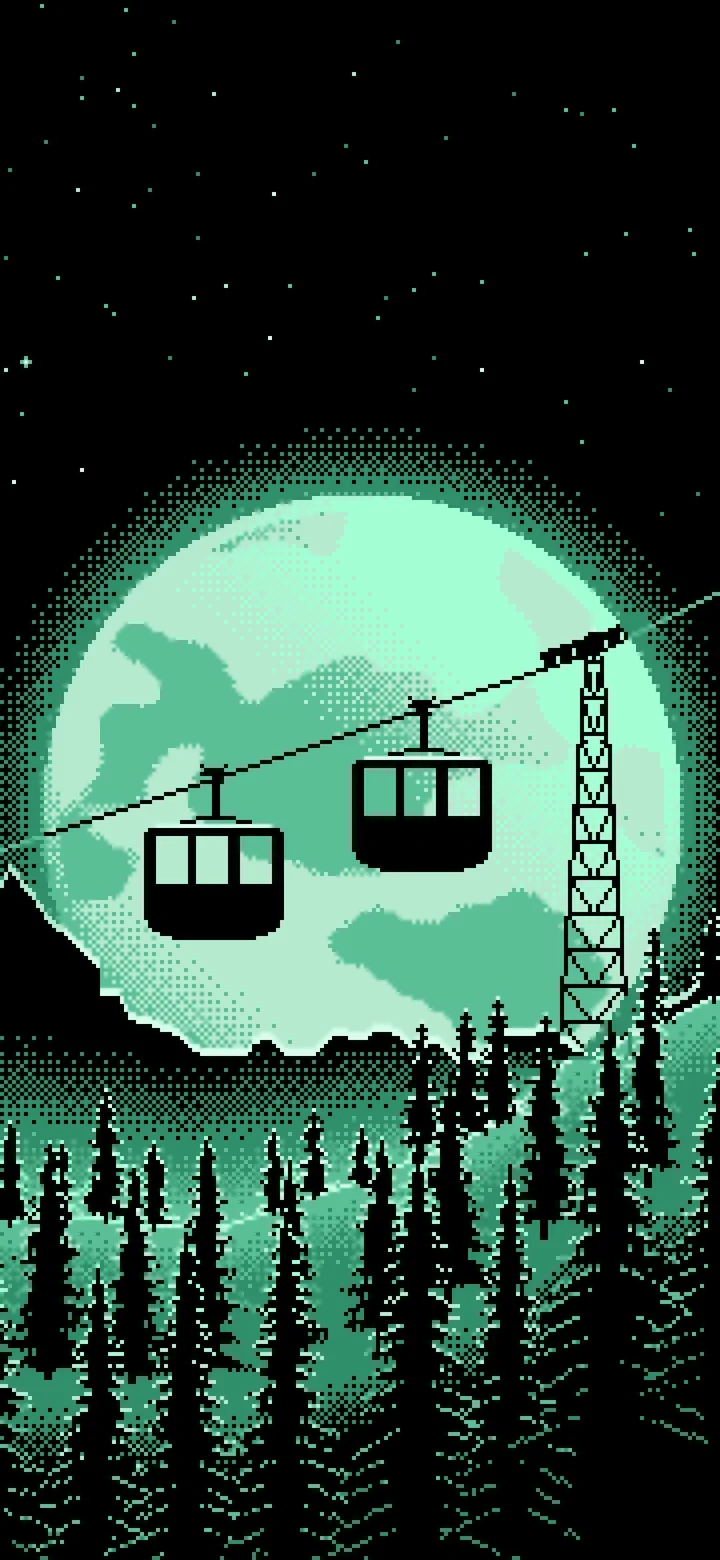 Mint Pixel Art Ski Gondola and Full Moon wallpaper for iPhone and Android