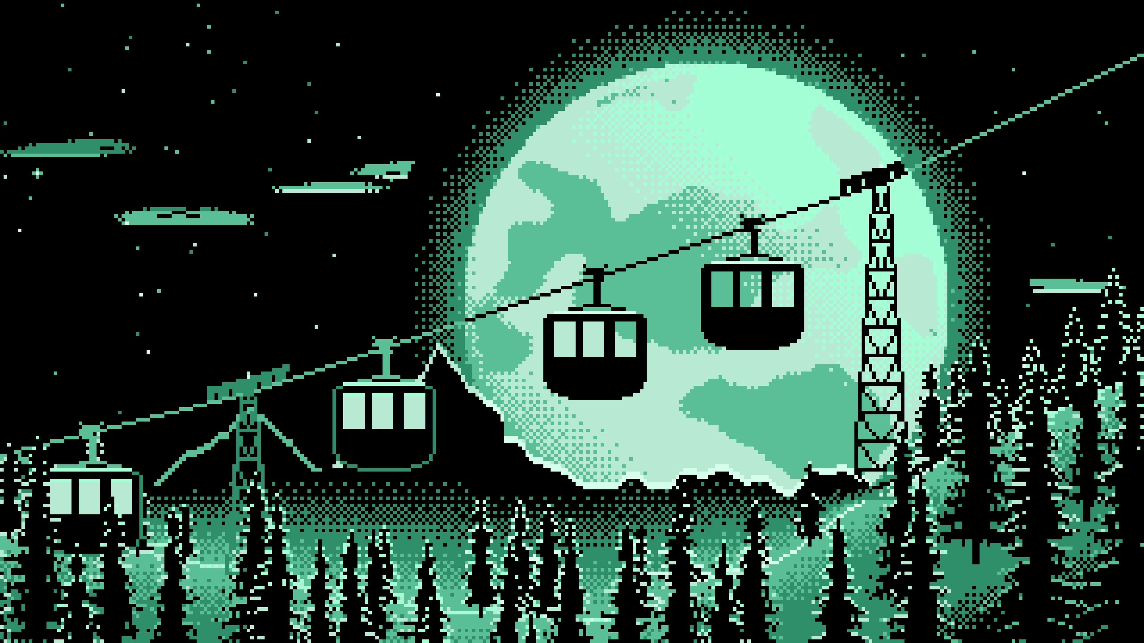 Mint Pixel Art Ski Gondola and Full Moon desktop wallpaper in 4K