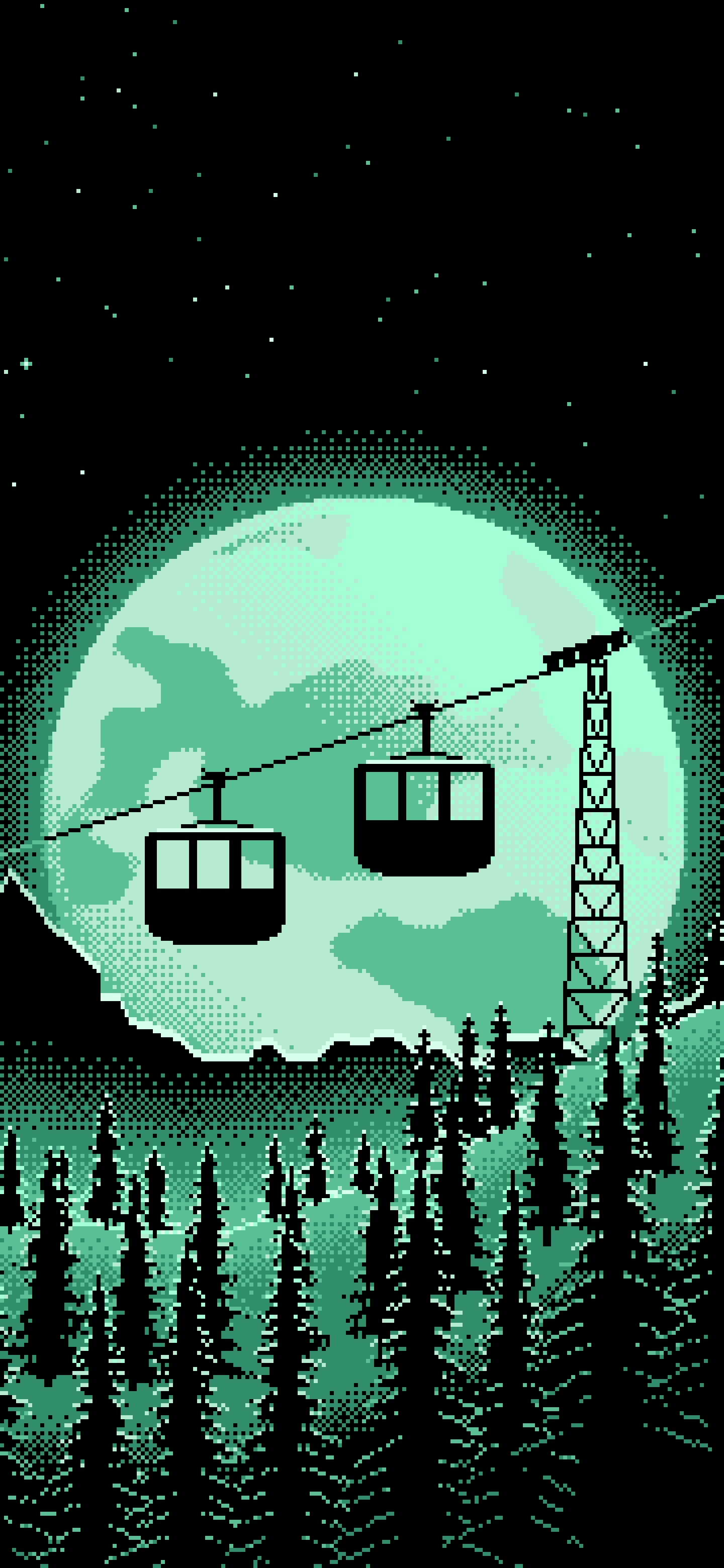 Mint Pixel Art Ski Gondola and Full Moon wallpaper for iPhone and Android