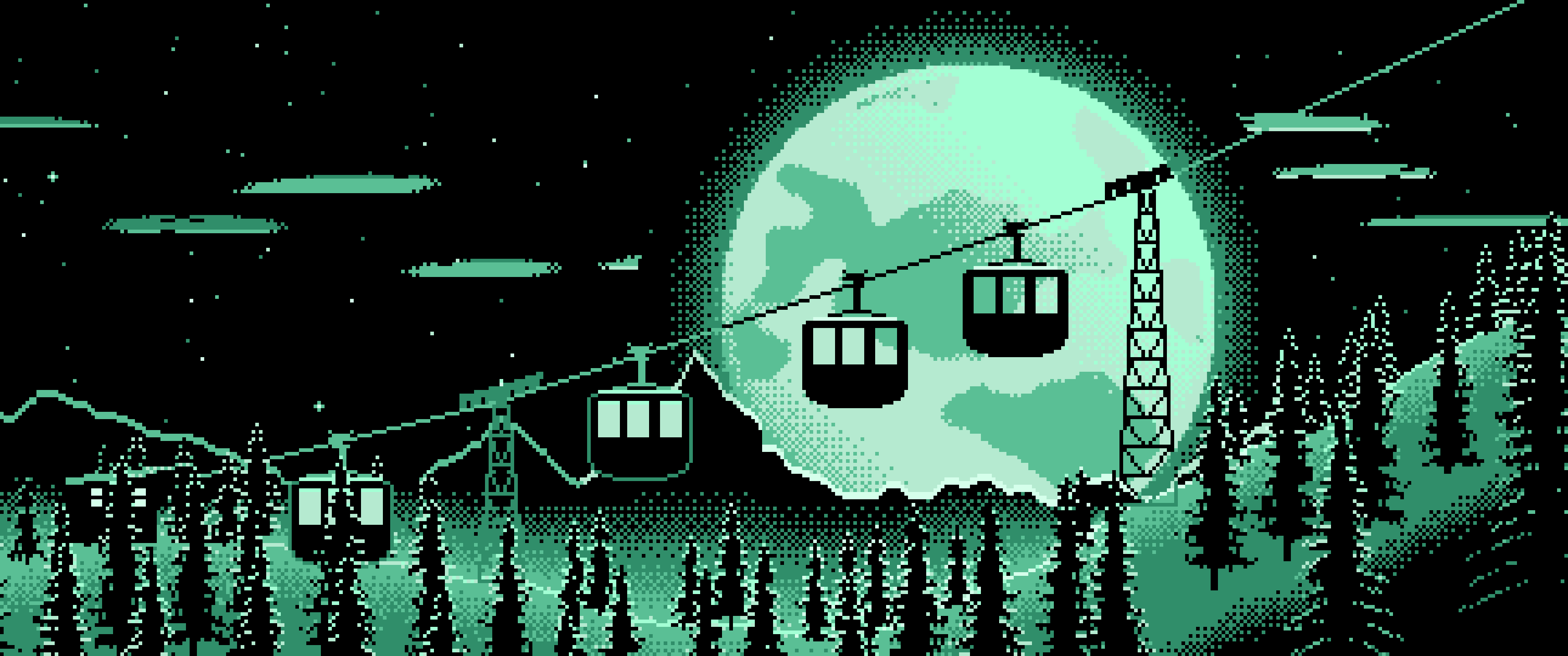 Mint Pixel Art Ski Gondola and Full Moon ultrawide wallpaper, 3440 × 1440