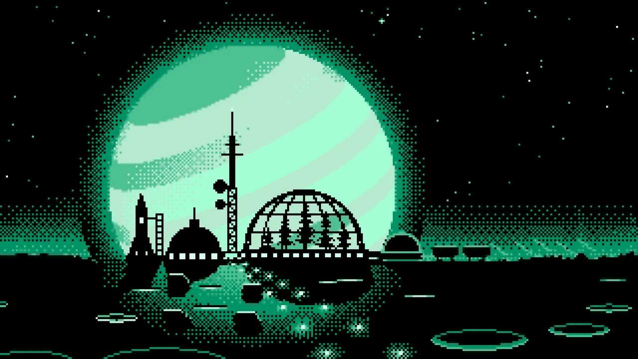 Mint Pixel Art Space Colony and Planet desktop wallpaper in 4K
