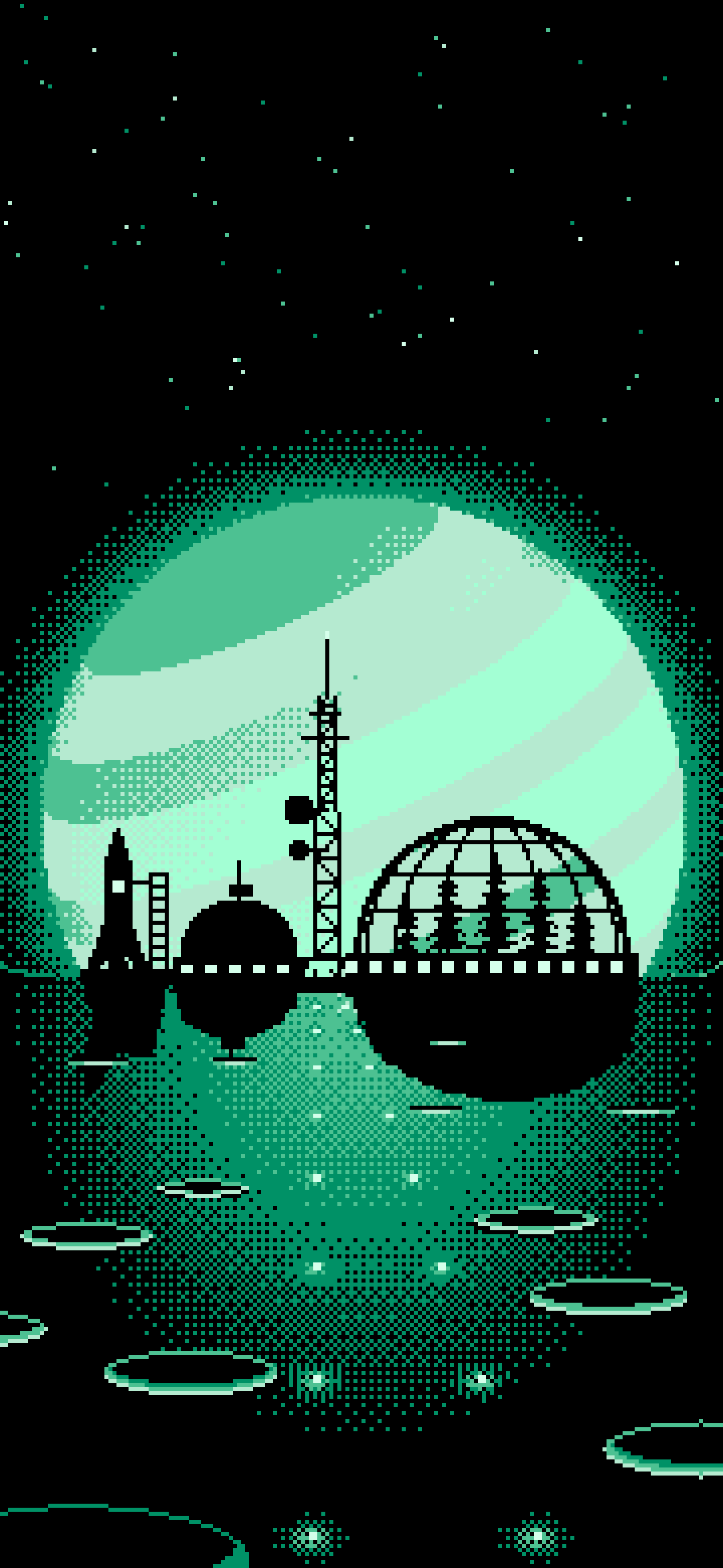 Mint Pixel Art Space Colony and Planet wallpaper for iPhone and Android